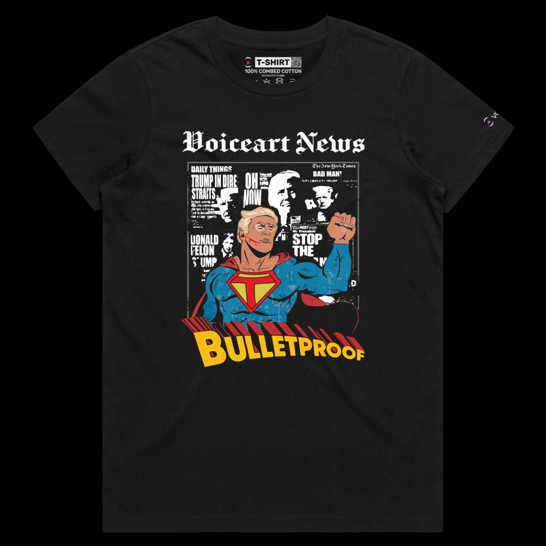 VOICEART Black Female Regular President Trump as a Bulletproof Superhero Political Shirt Premium Patriotic Fist Pump MAGA Tee