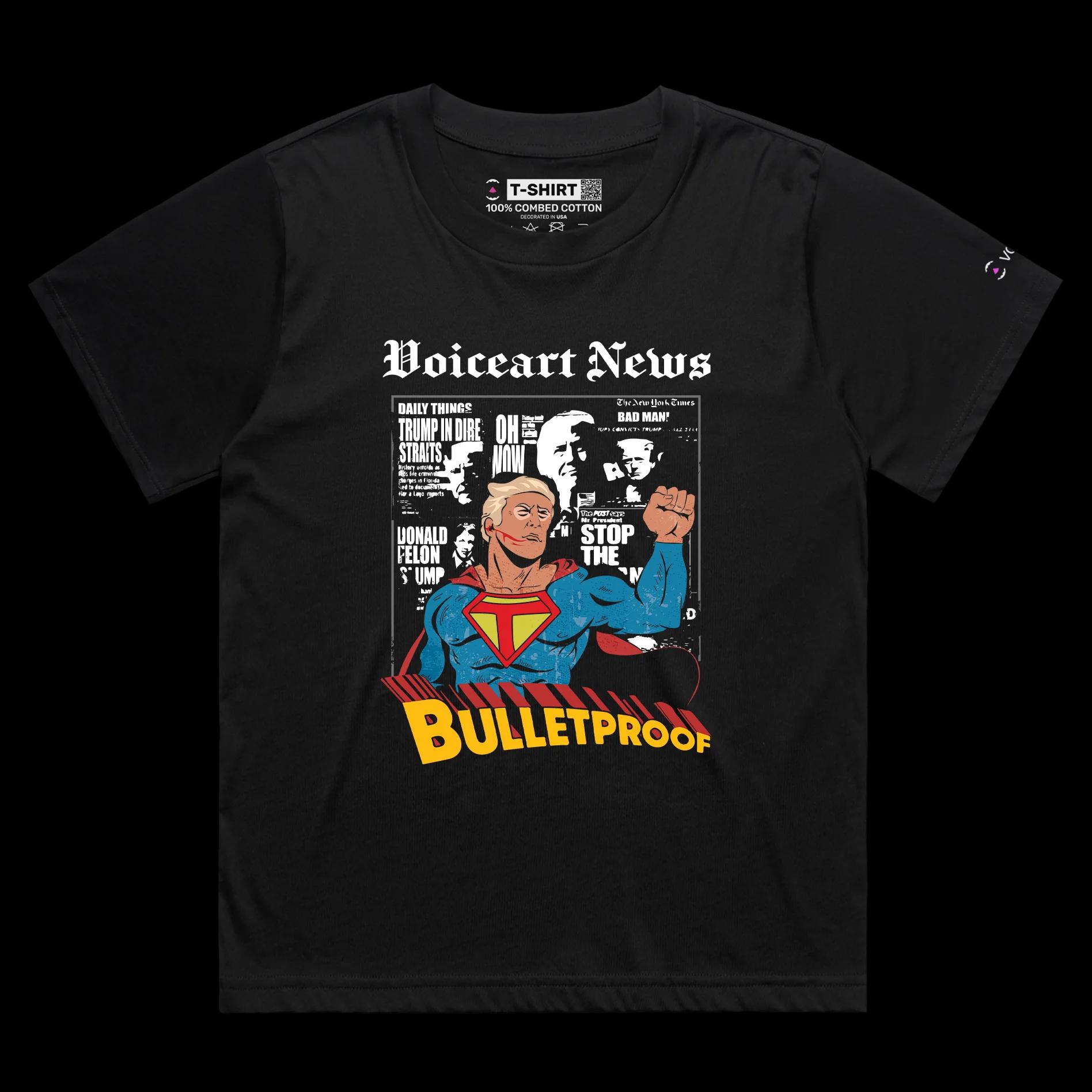 VOICEART Black Female Loose President Trump as a Bulletproof Superhero Political Shirt Premium Patriotic Fist Pump MAGA Tee