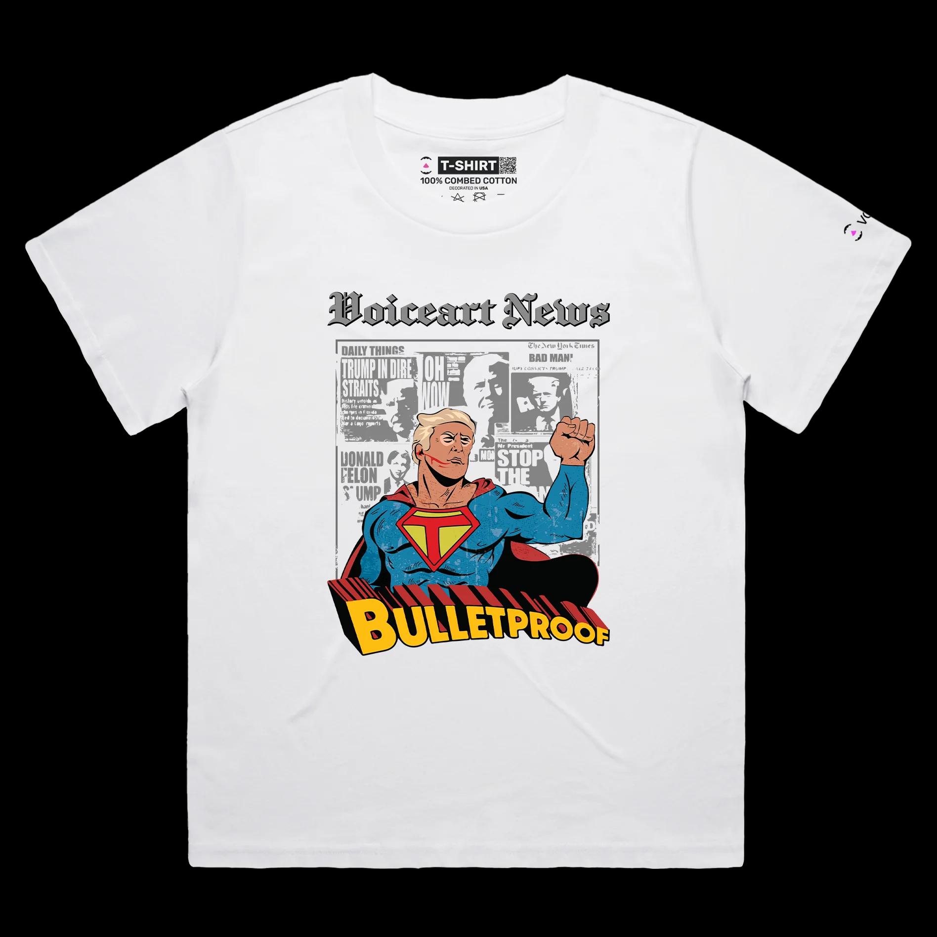 VOICEART White Female Loose President Trump as a Bulletproof Superhero Political Shirt Premium Patriotic Fist Pump MAGA Tee