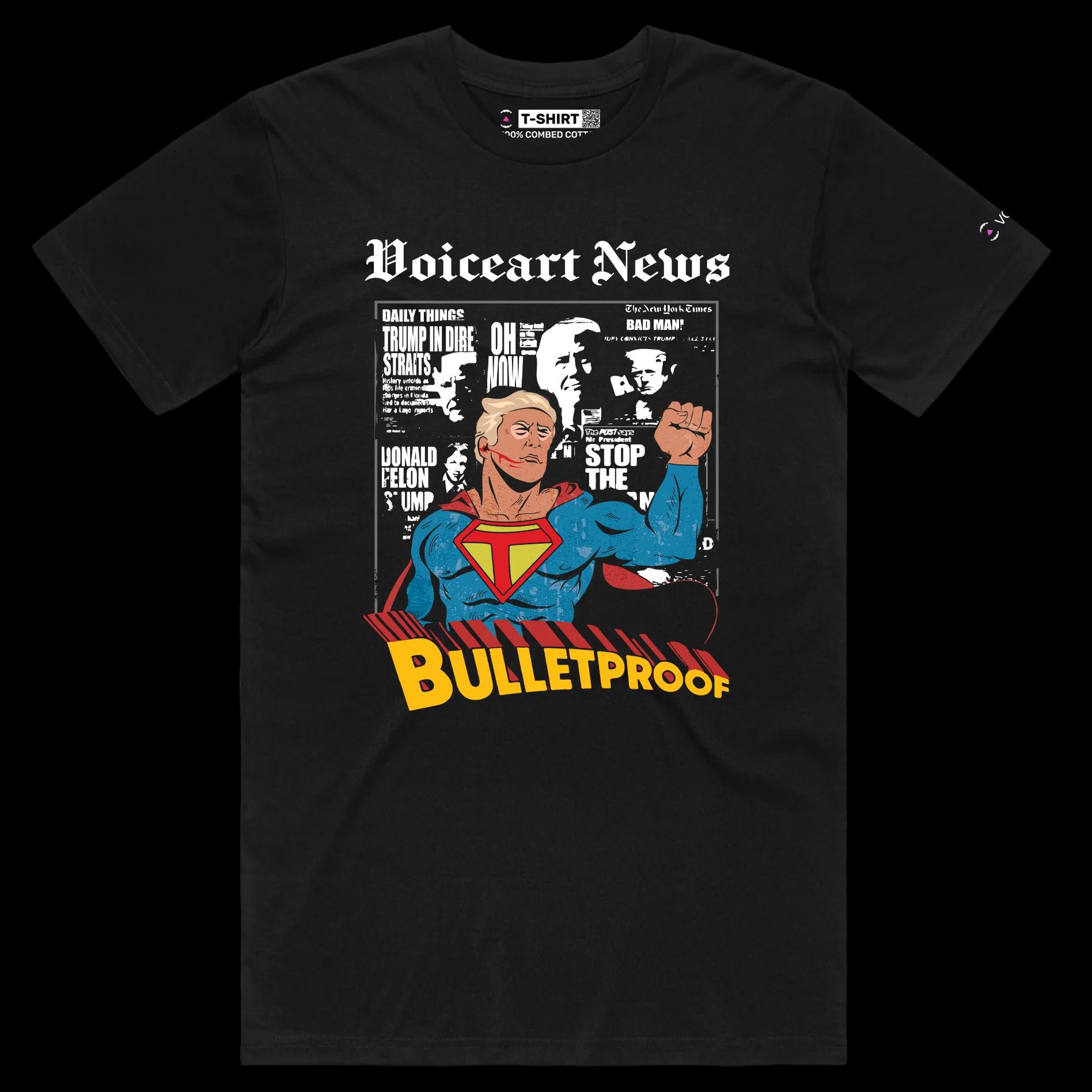 VOICEART Black Male Regular President Trump as a Bulletproof Superhero Political Shirt Premium Patriotic Fist Pump MAGA Tee