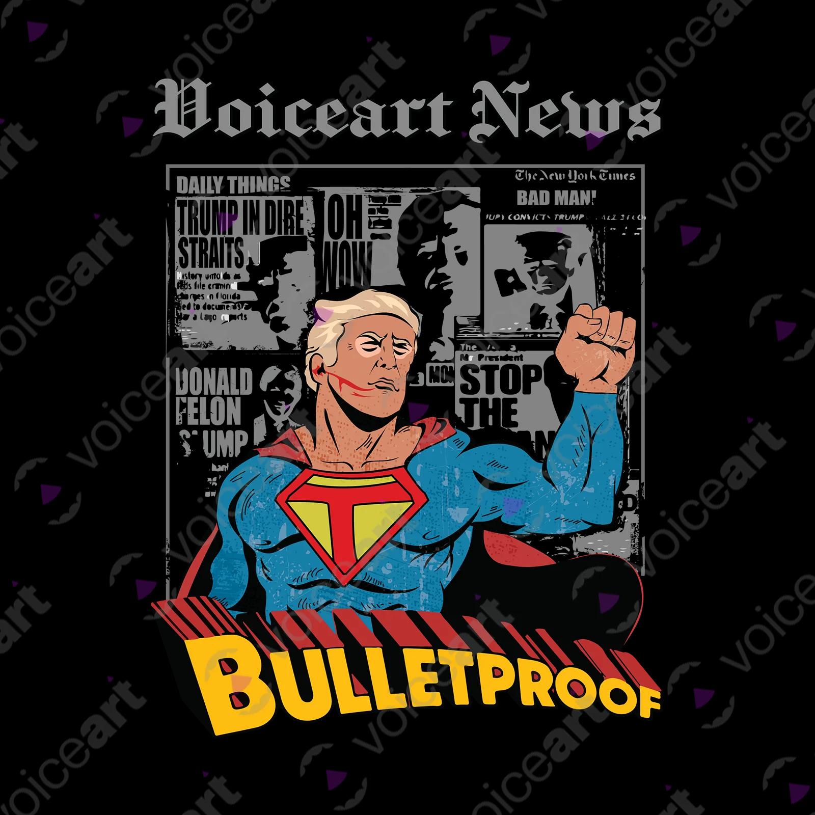 VOICEART White Watermark President Trump as a Bulletproof Superhero Political Shirt Premium Patriotic Fist Pump MAGA Tee