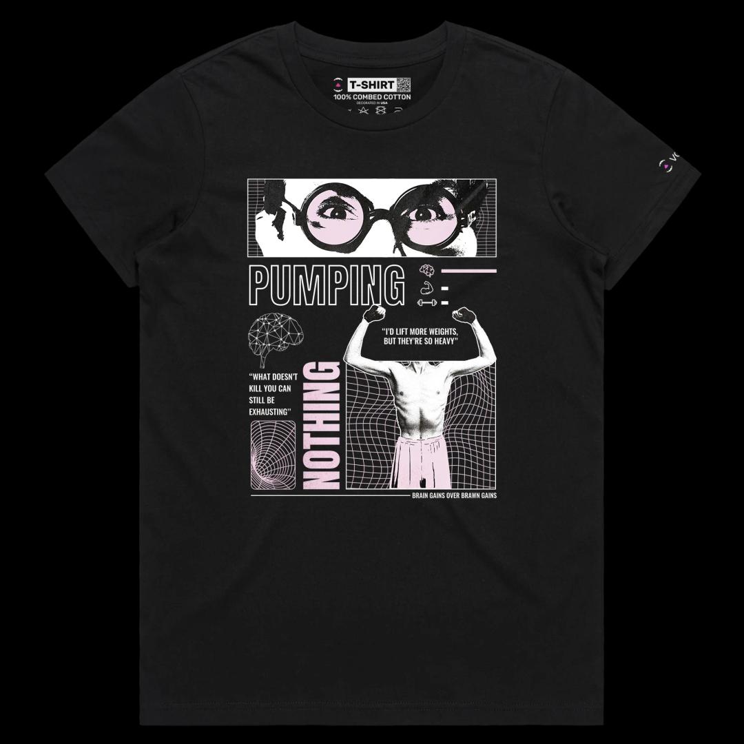 VOICEART Black Female Regular Pumping Muscles Motivational Shirt Premium Graphic Health and Fitness Wordplay Tee for Workout