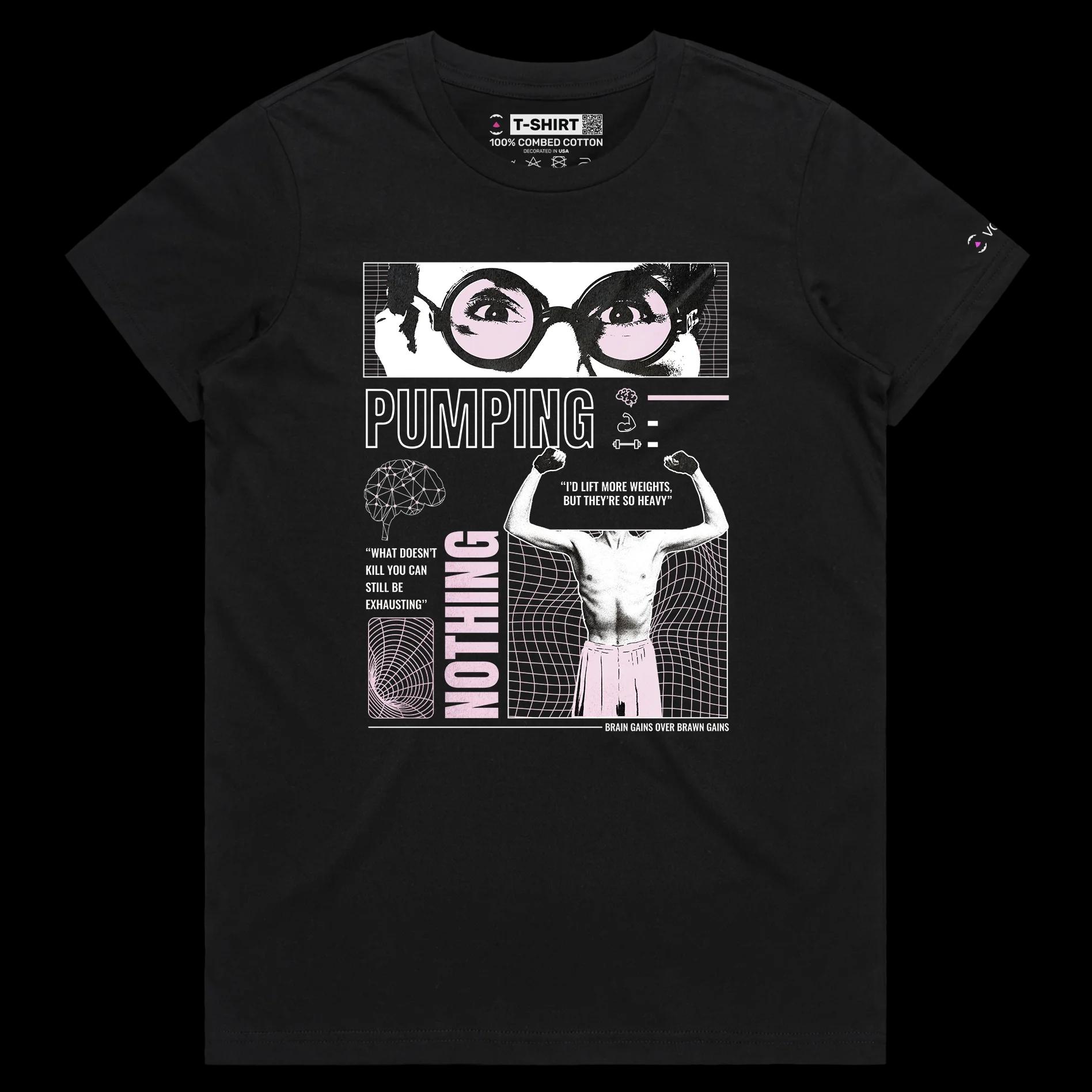 VOICEART Black Female Regular Pumping Muscles Motivational Shirt Premium Graphic Health and Fitness Wordplay Tee for Workout