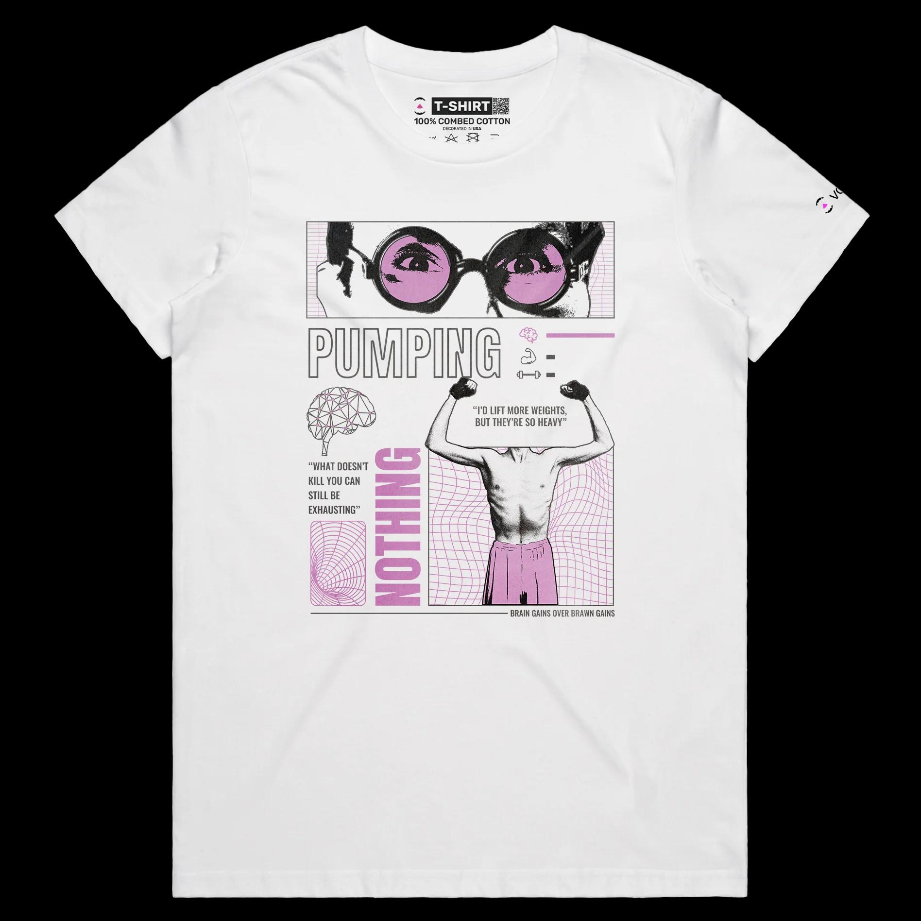 VOICEART White Female Regular Pumping Muscles Motivational Shirt Premium Graphic Health and Fitness Wordplay Tee for Workout