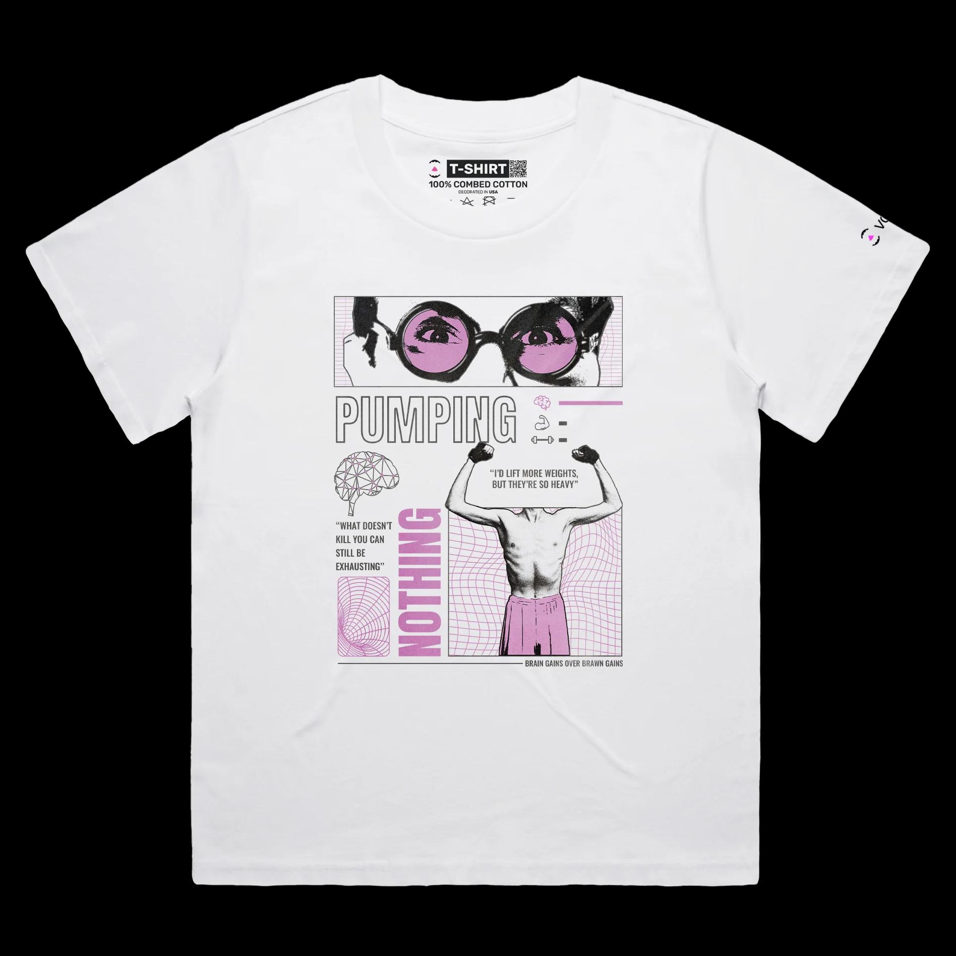 VOICEART White Female Loose Pumping Muscles Motivational Shirt Premium Graphic Health and Fitness Wordplay Tee for Workout