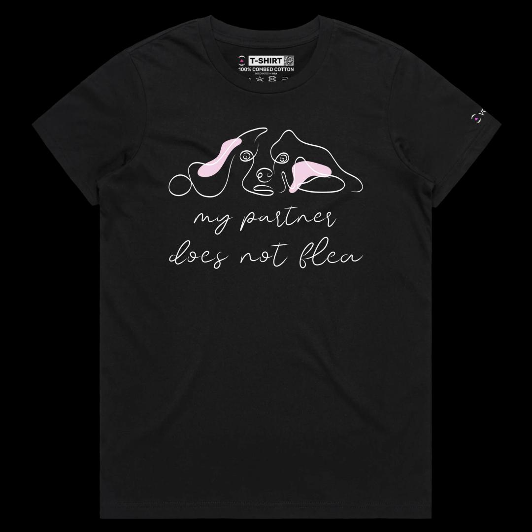 VOICEART Black Female Regular Dogs and Fleas Funny Animals T-Shirt Graphic Design Canine Joke Wordplay Tee for Pet Owners