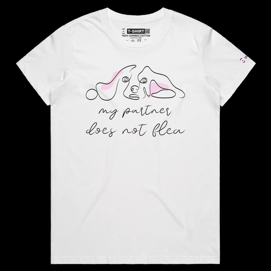 VOICEART White Female Regular Dogs and Fleas Funny Animals T-Shirt Graphic Design Canine Joke Wordplay Tee for Pet Owners