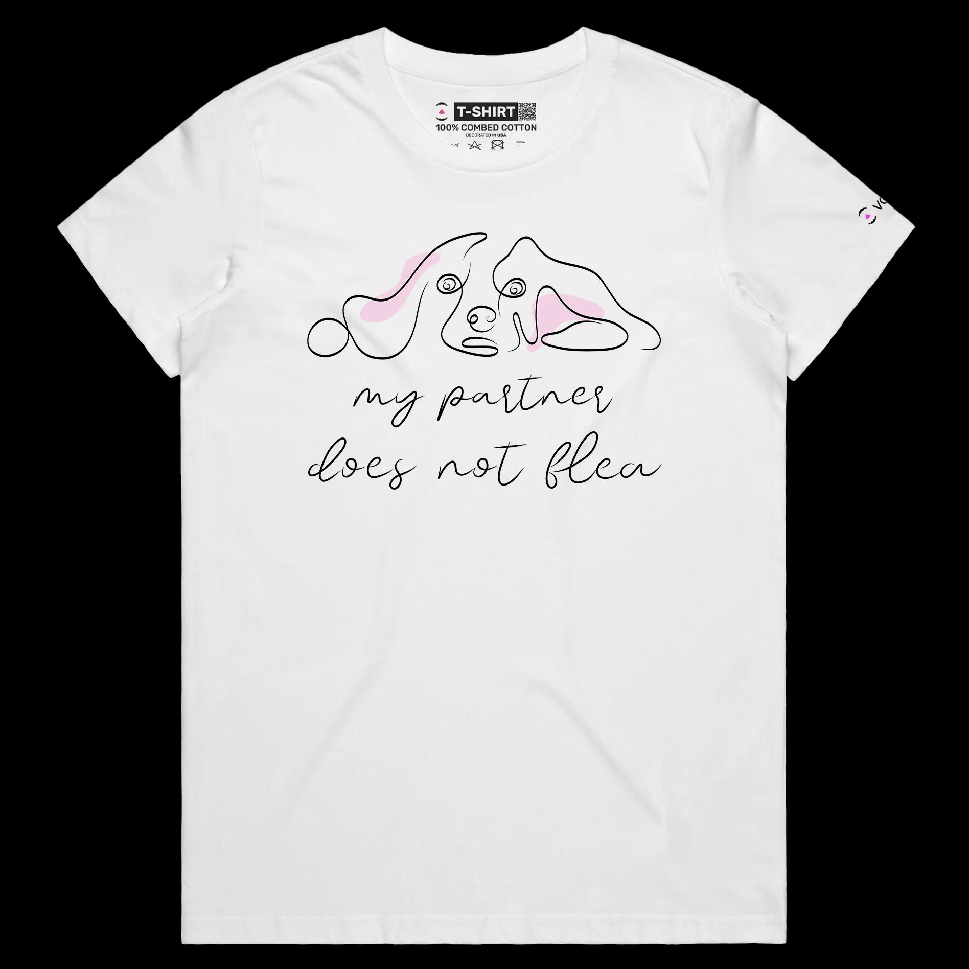 VOICEART White Female Regular Dogs and Fleas Funny Animals T-Shirt Graphic Design Canine Joke Wordplay Tee for Pet Owners