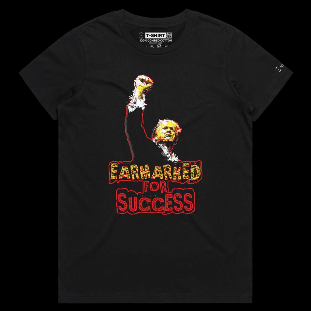 VOICEART Black Female Regular President Trump Earmarked for Success Political Shirt Premium Wordplay Fist Pump MAGA Tee