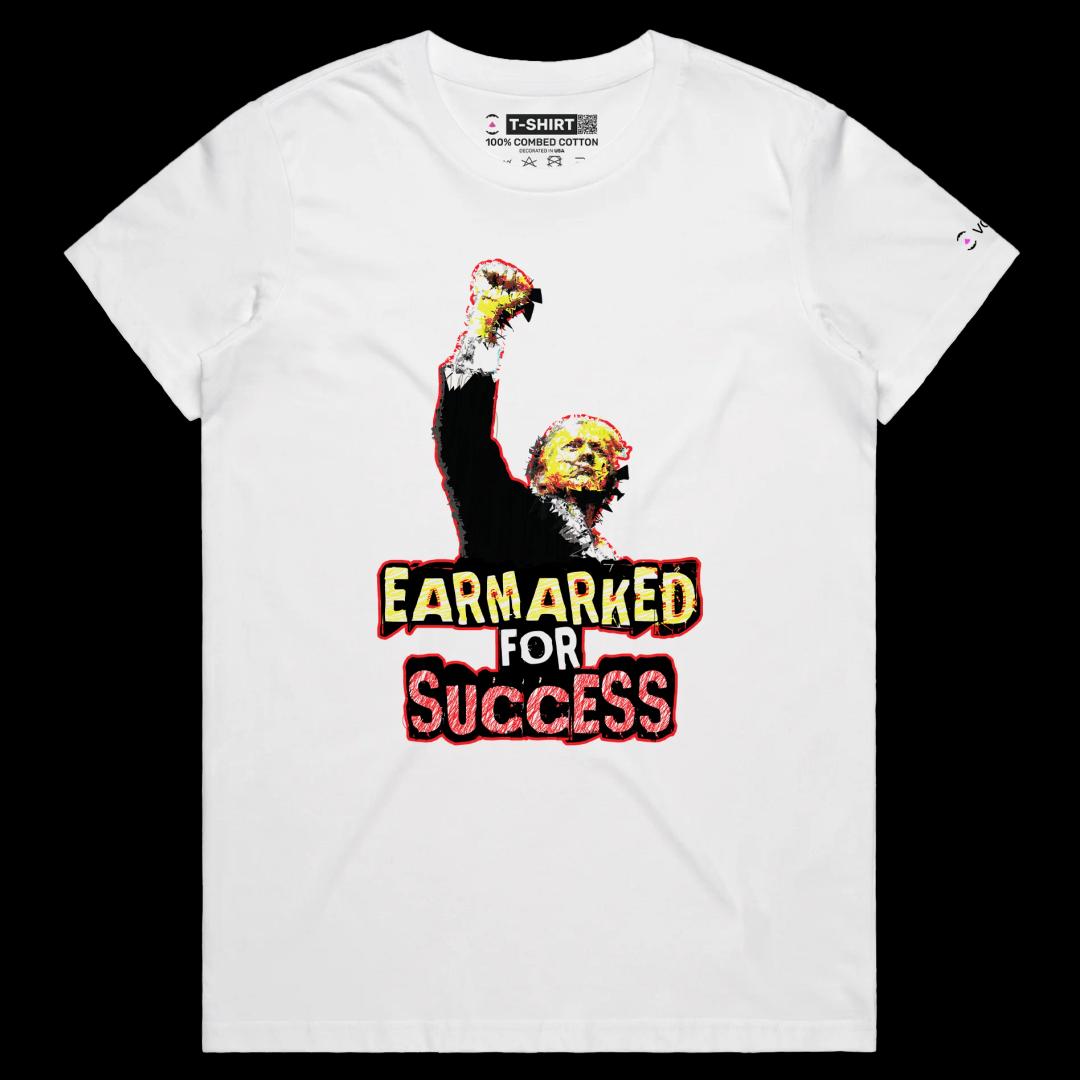 VOICEART White Female Regular President Trump Earmarked for Success Political Shirt Premium Wordplay Fist Pump MAGA Tee