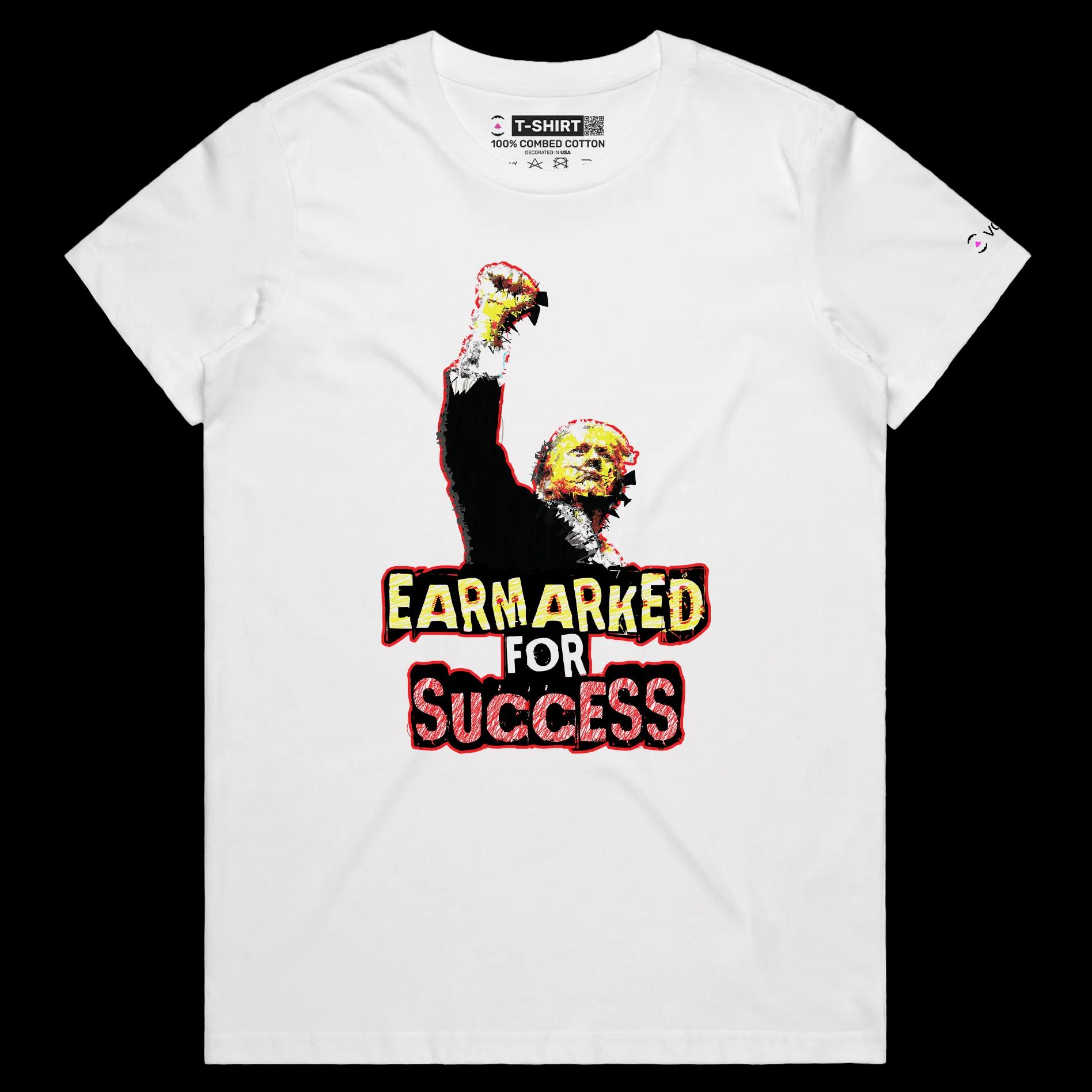 VOICEART White Female Regular President Trump Earmarked for Success Political Shirt Premium Wordplay Fist Pump MAGA Tee