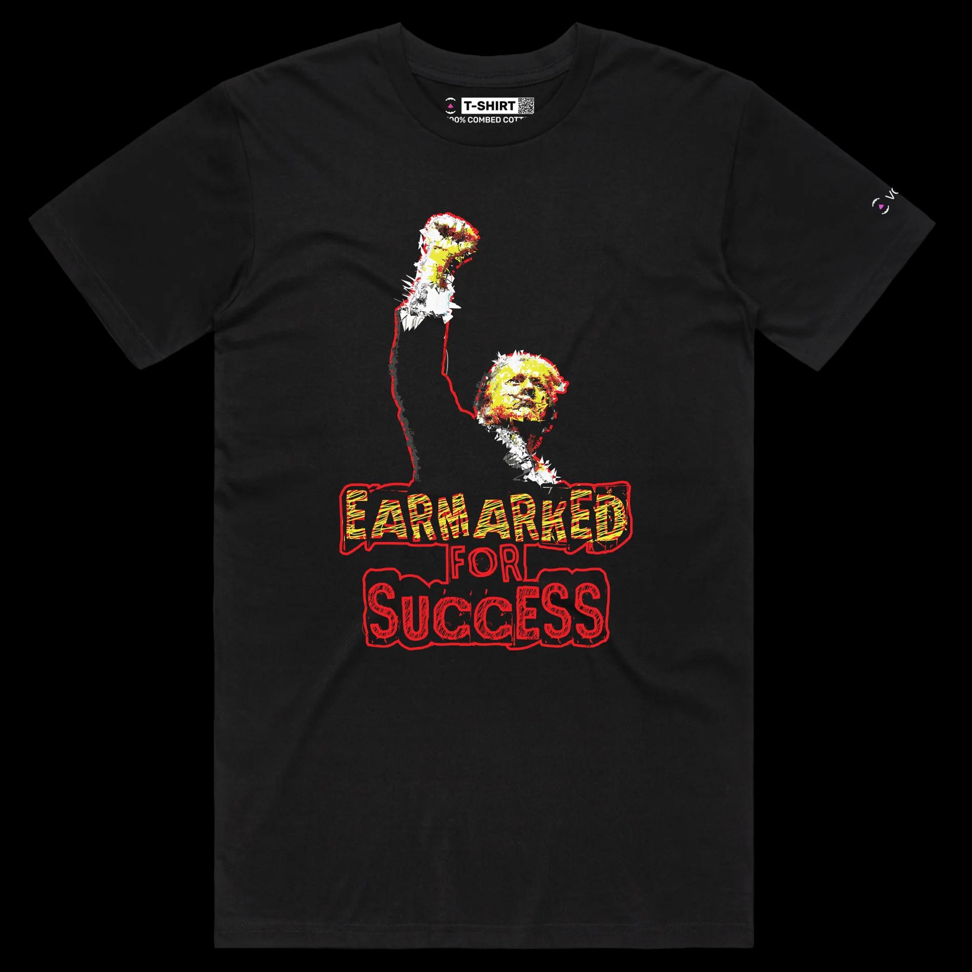 VOICEART Black Male Regular President Trump Earmarked for Success Political Shirt Premium Wordplay Fist Pump MAGA Tee