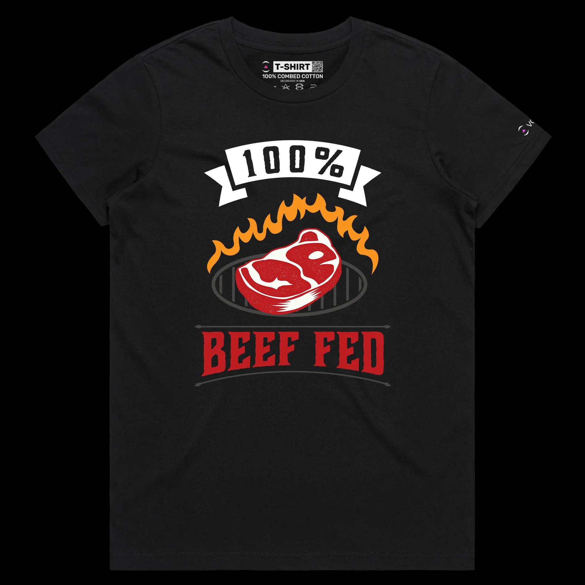 VOICEART Black Female Regular Beef Fed Grass Funny T-Shirt Premium Quality Graphic Design Food Themed Tee with Play on Words