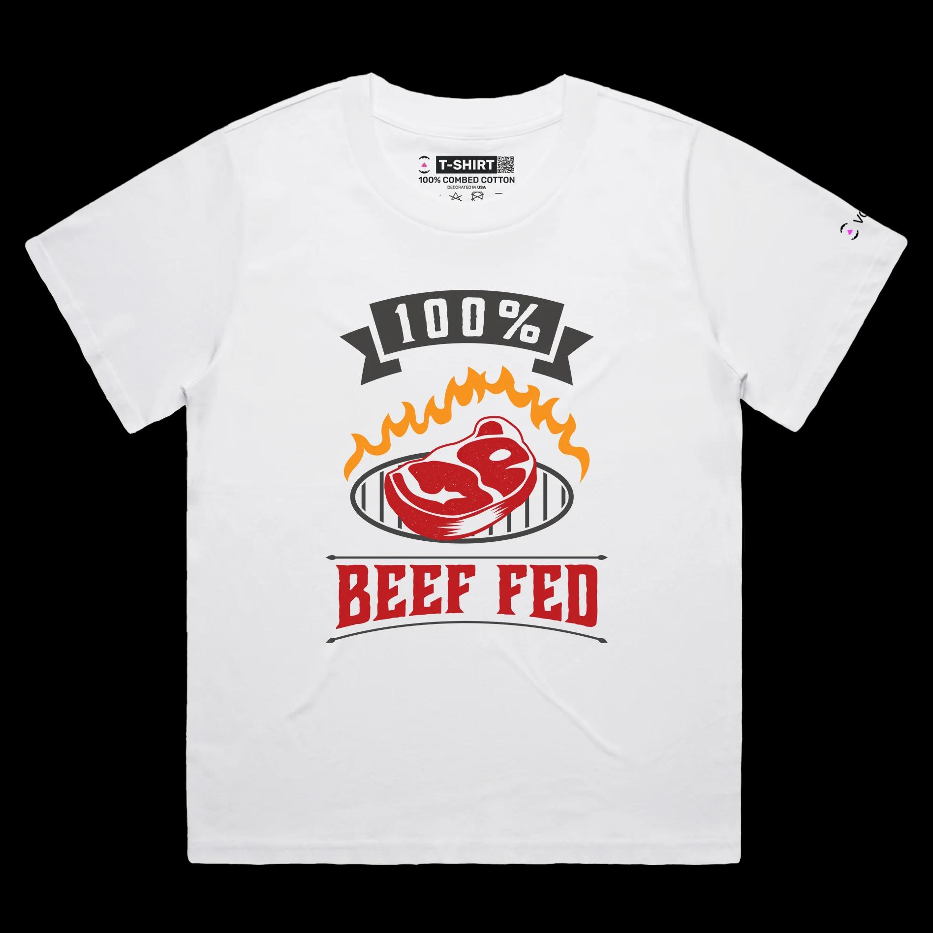 VOICEART White Female Loose Beef Fed Grass Funny T-Shirt Premium Quality Graphic Design Food Themed Tee with Play on Words
