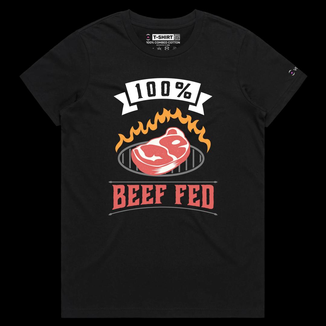 VOICEART Black Female Regular Beef Fed Grass Funny T-Shirt Premium Quality Graphic Design Food Themed Tee with Play on Words