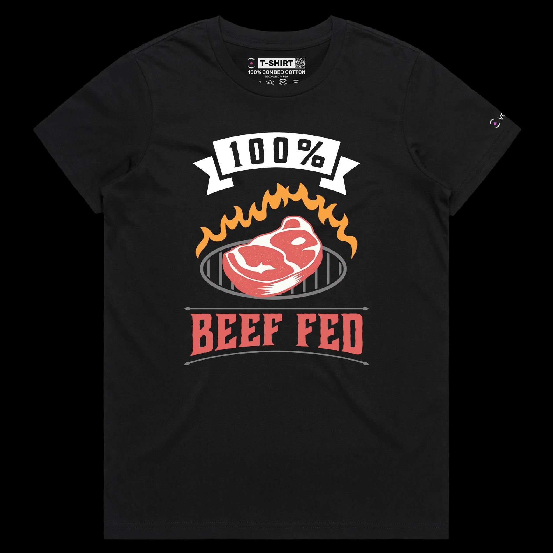 VOICEART Black Female Regular Beef Fed Grass Funny T-Shirt Premium Quality Graphic Design Food Themed Tee with Play on Words
