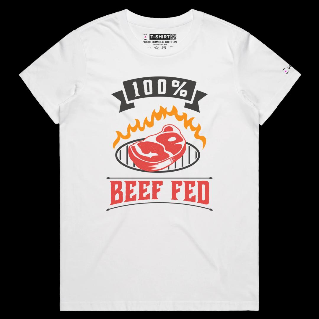 VOICEART White Female Regular Beef Fed Grass Funny T-Shirt Premium Quality Graphic Design Food Themed Tee with Play on Words
