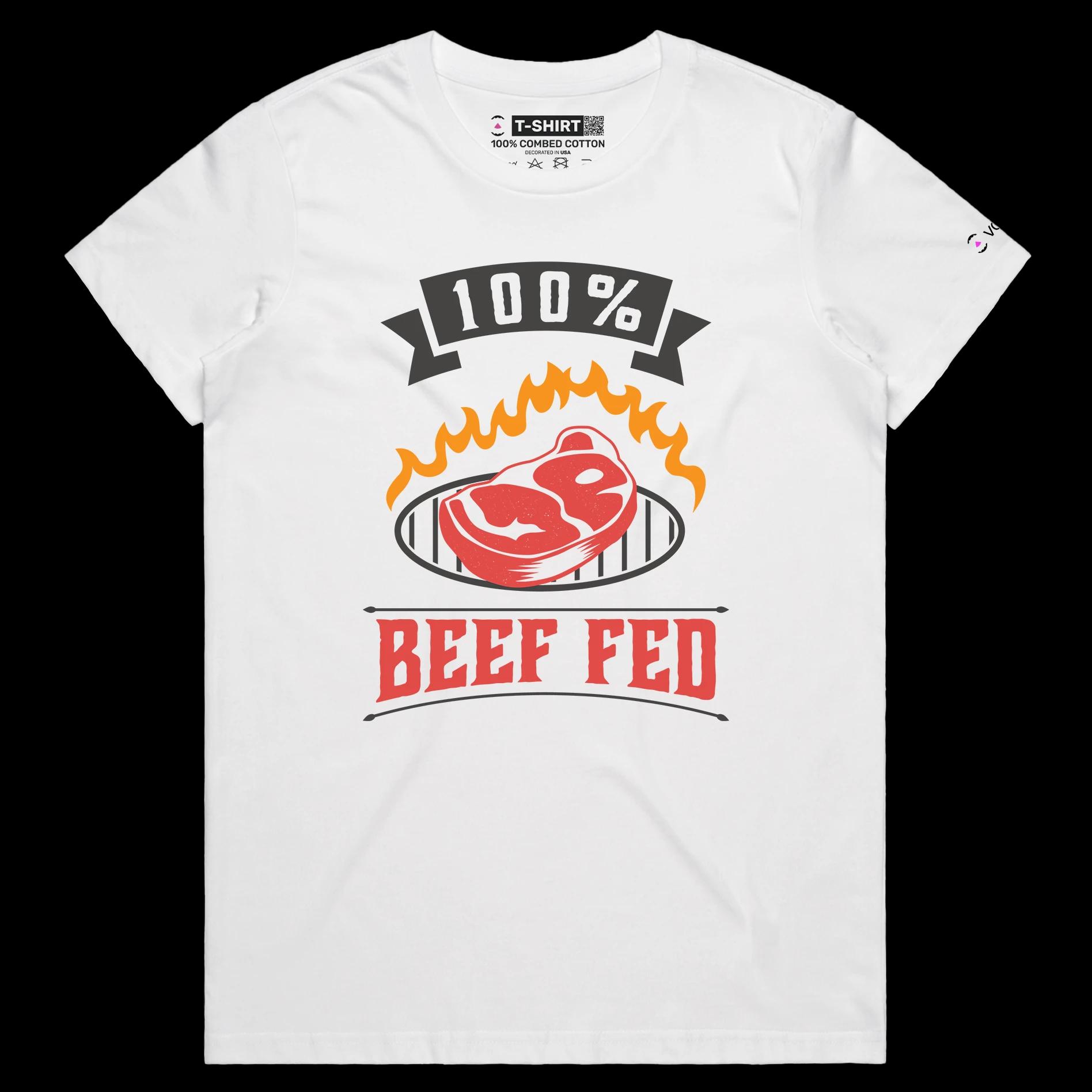 VOICEART White Female Regular Beef Fed Grass Funny T-Shirt Premium Quality Graphic Design Food Themed Tee with Play on Words
