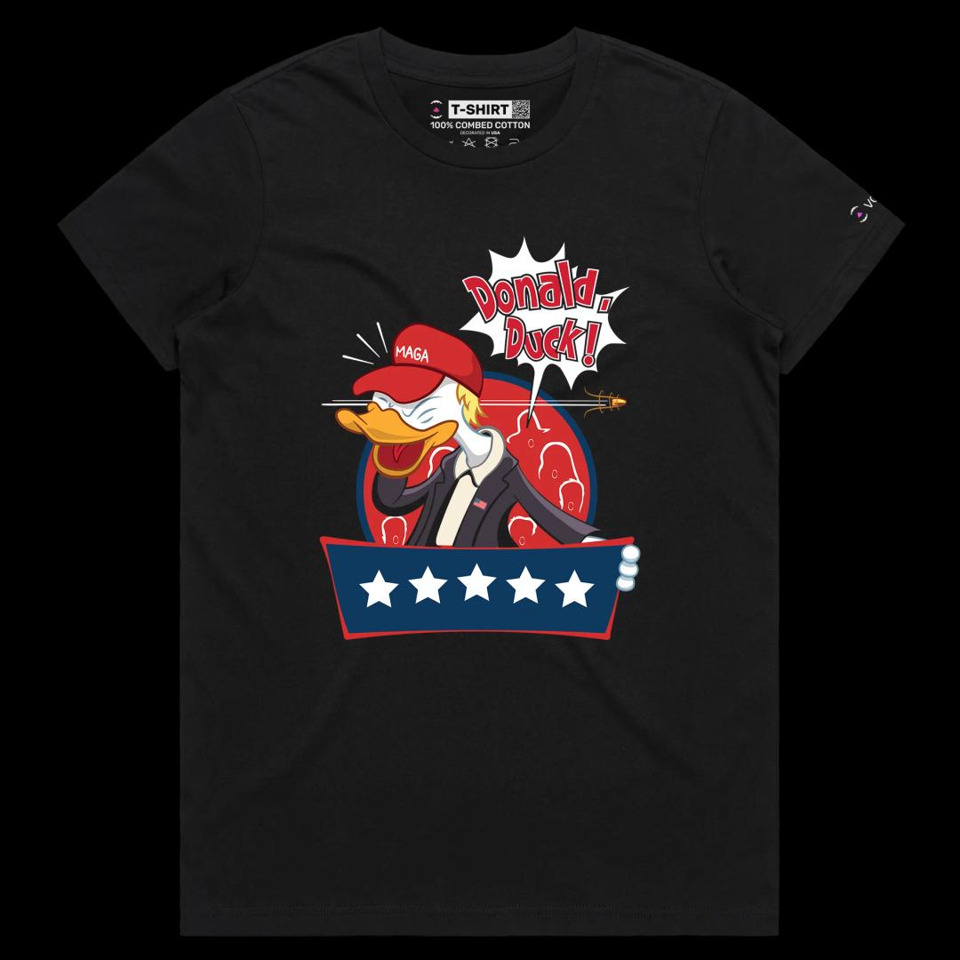 VOICEART Black Female Regular President Trump as a Duck Funny Political Shirt Premium Graphic Donald Duck Wordplay MAGA Tee