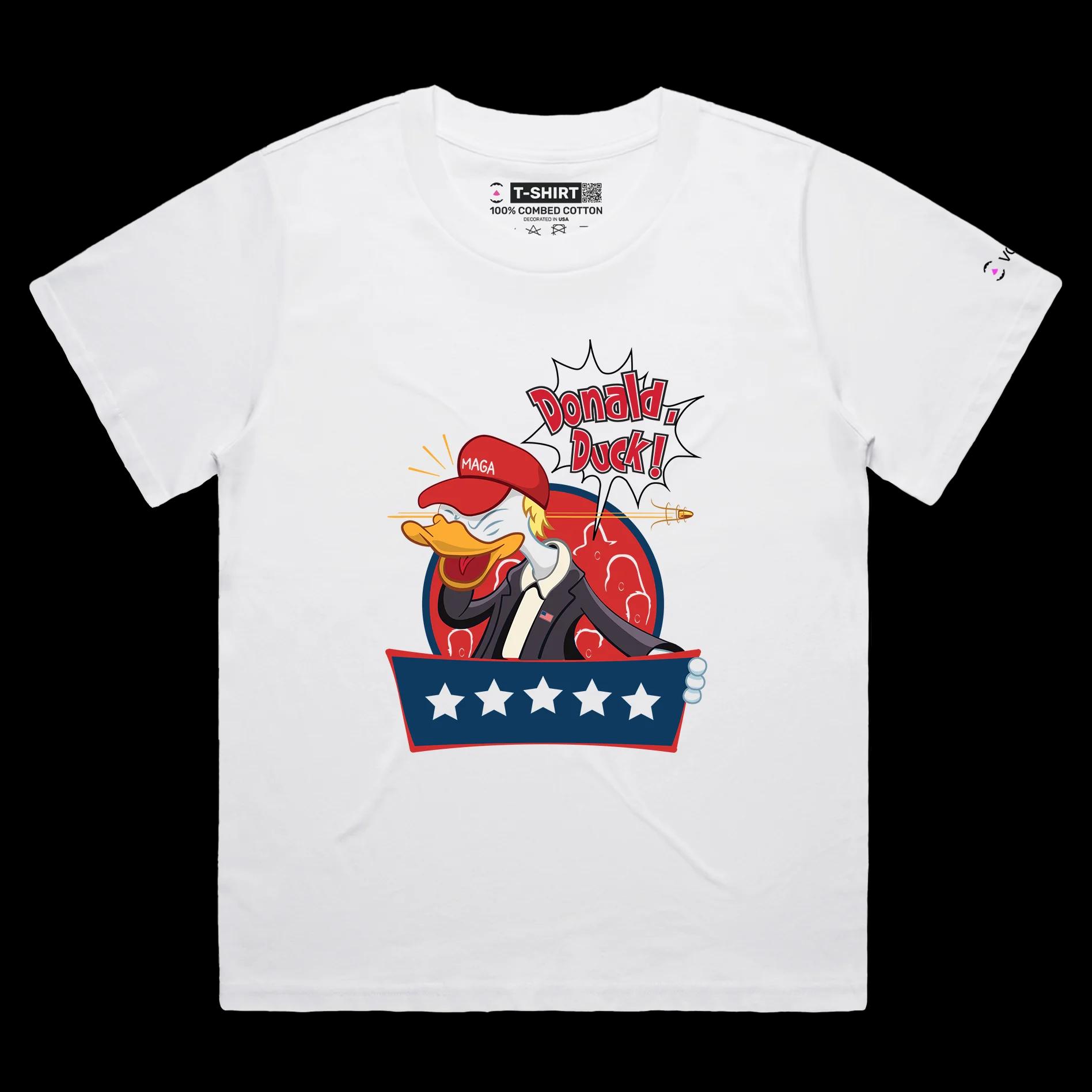VOICEART White Female Loose President Trump as a Duck Funny Political Shirt Premium Graphic Donald Duck Wordplay MAGA Tee