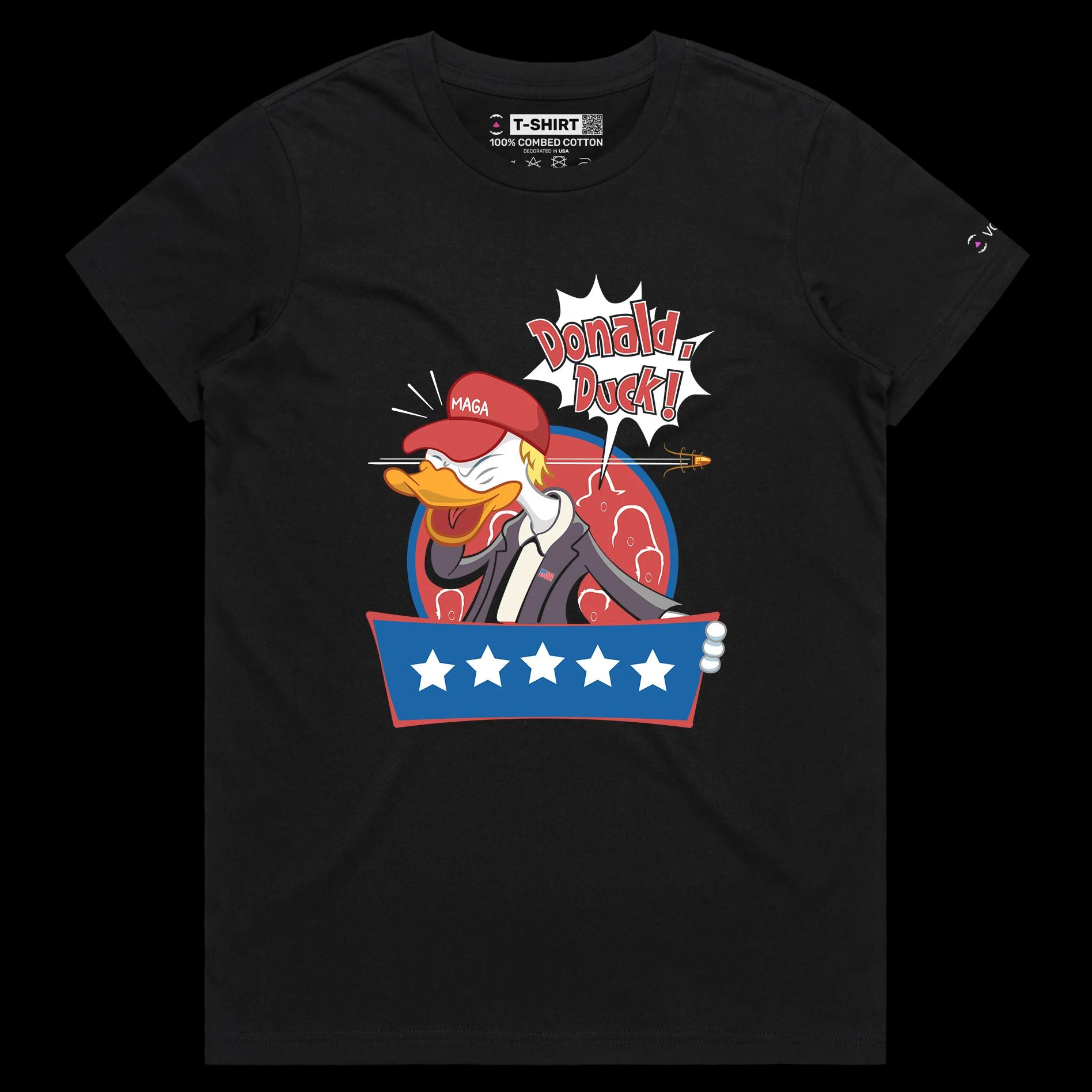 VOICEART Black Female Regular President Trump as a Duck Funny Political Shirt Premium Graphic Donald Duck Wordplay MAGA Tee