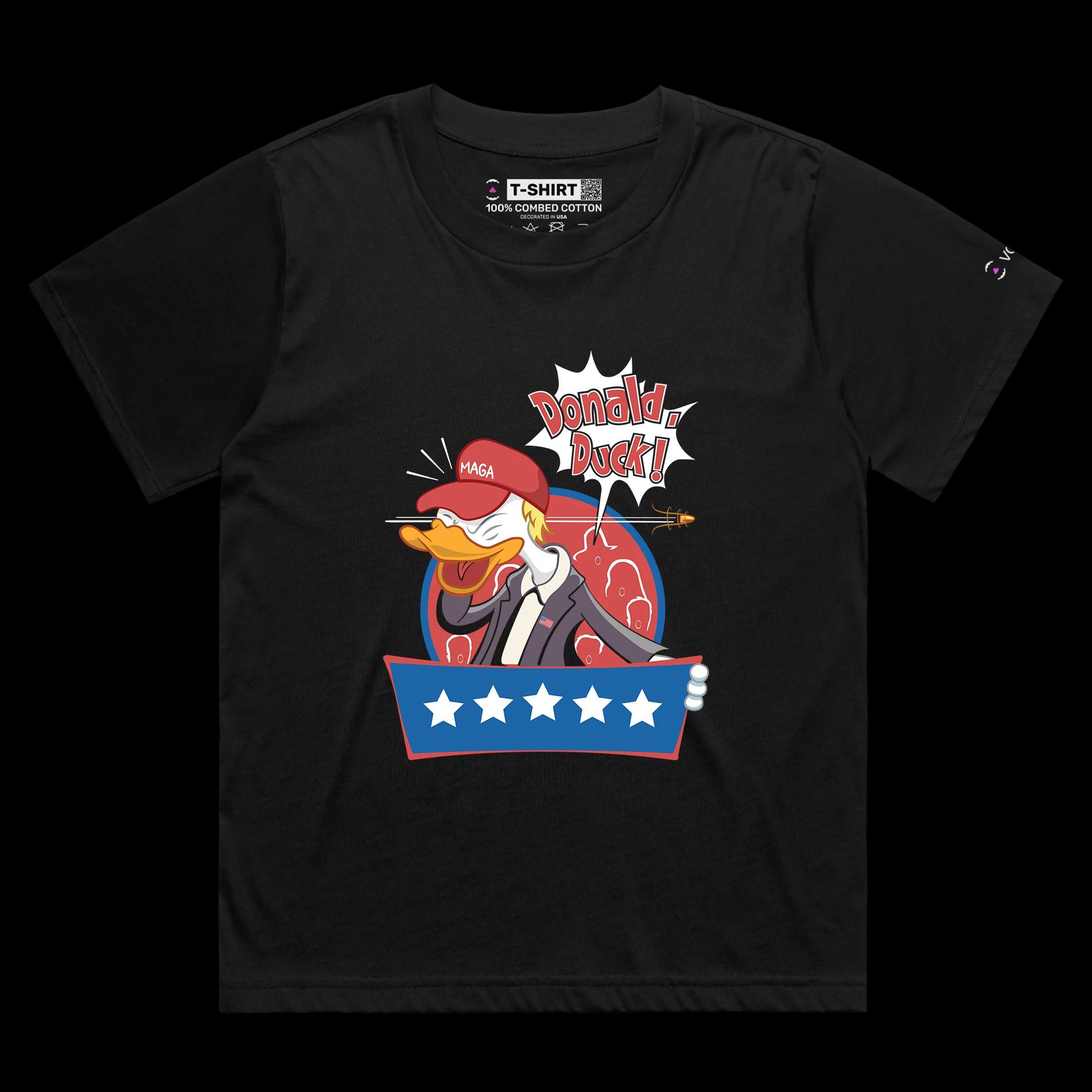 VOICEART Black Female Loose President Trump as a Duck Funny Political Shirt Premium Graphic Donald Duck Wordplay MAGA Tee