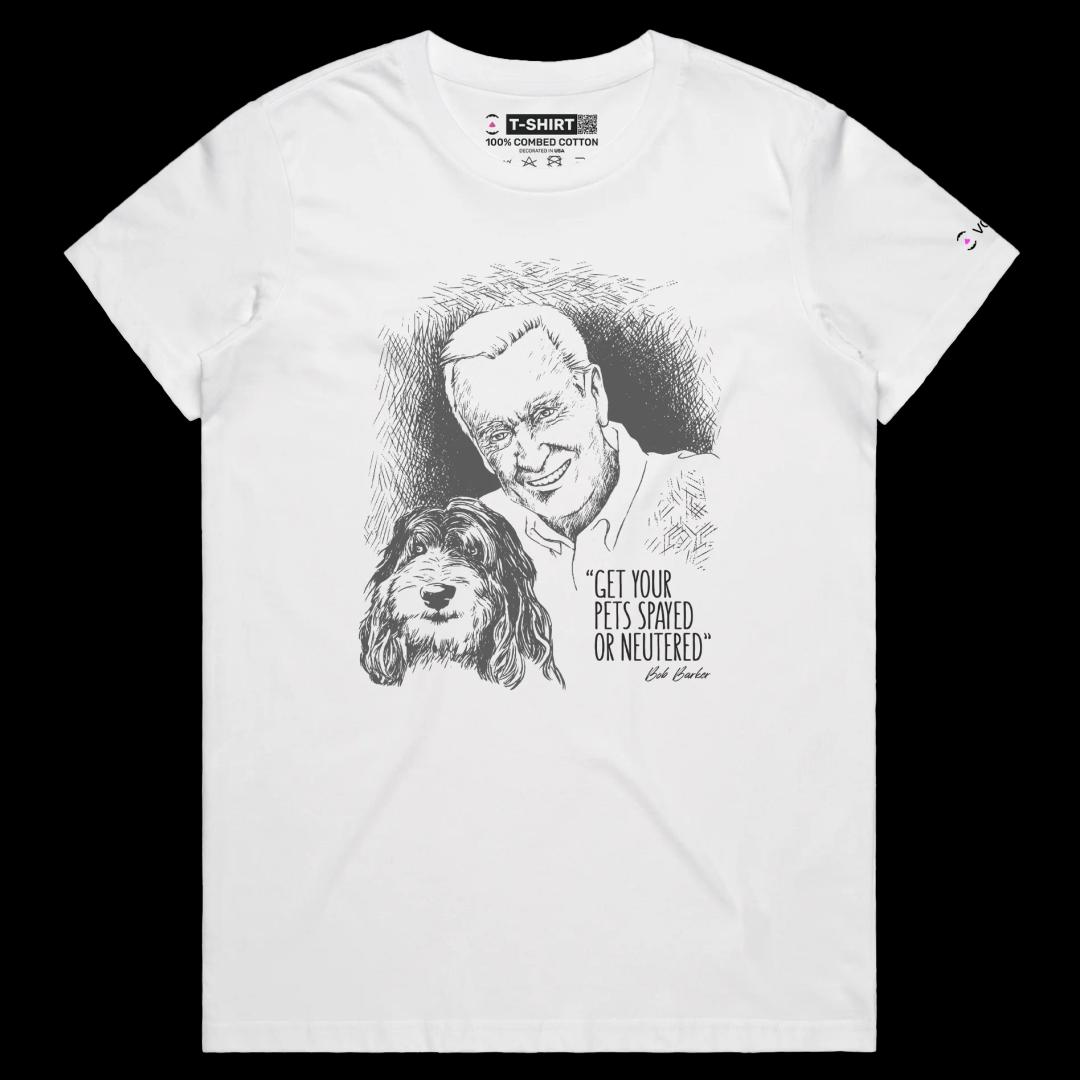 VOICEART White Female Regular Bob Barker Quote Animals T-Shirt Premium Quality Graphic Design Dogs and Cats Tee Pet Owners