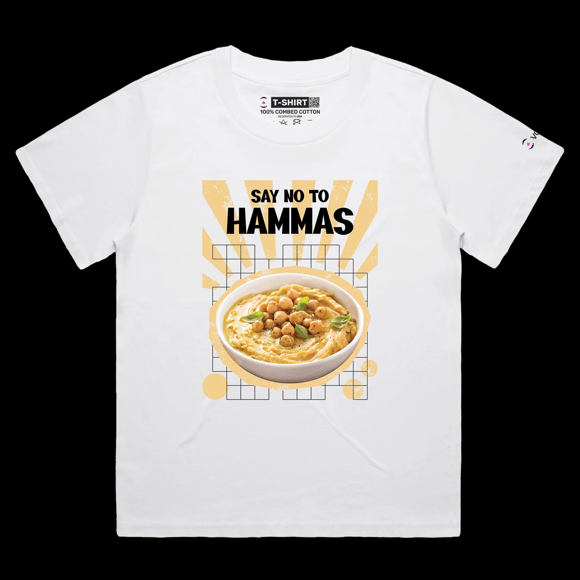 VOICEART White Female Loose Middle East Food Themed Funny T-Shirt with Premium Graphic Hummus and Israel Wordplay Tee