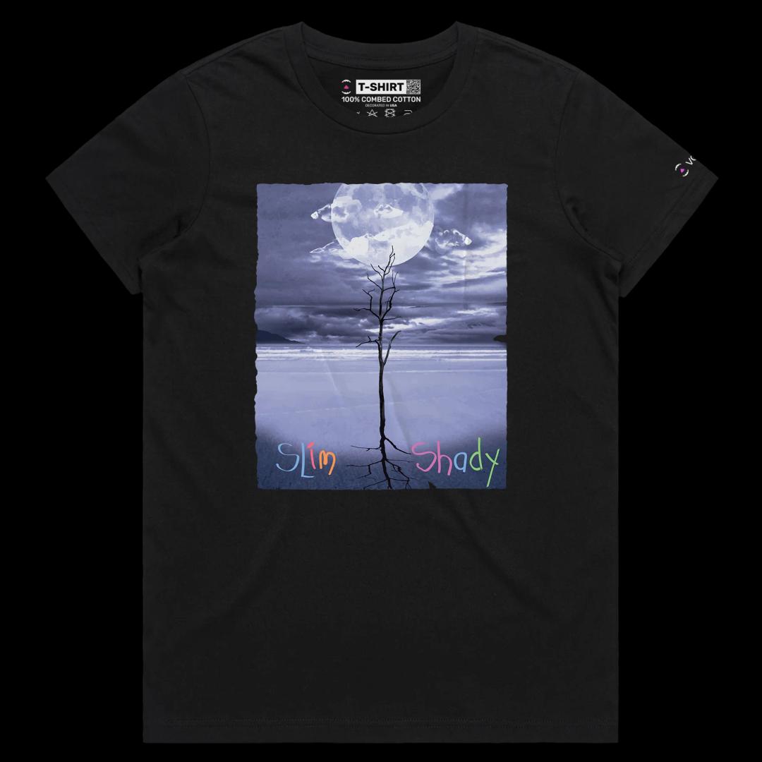 VOICEART Black Female Regular Scrawny Tree Funny Nature T-Shirt Premium Quality Graphic and Design Slim Shady Wordplay Tee