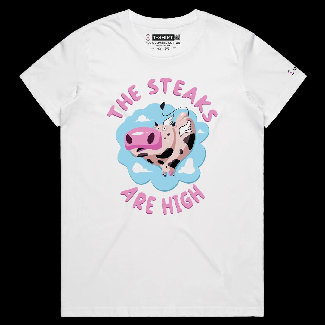 VOICEART White Female Regular Flying Cow Funny Animals T-Shirt Premium Quality Graphic Food Themed High Steaks Wordplay Tee