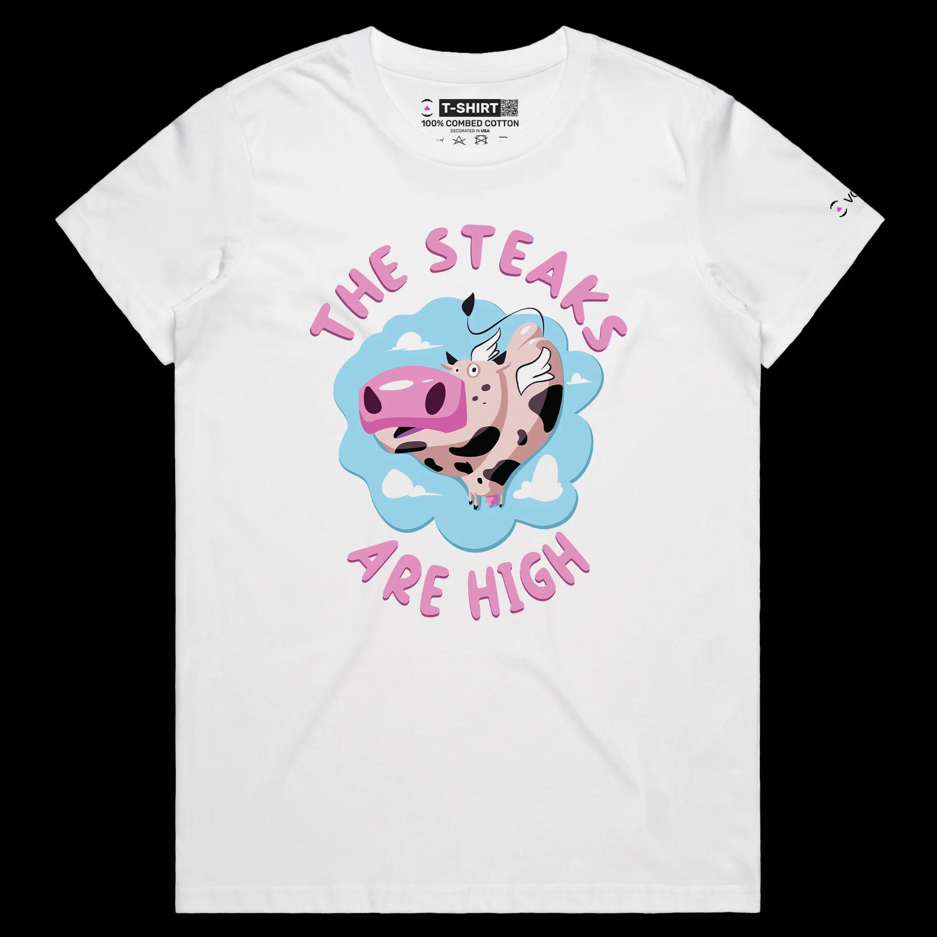 VOICEART White Female Regular Flying Cow Funny Animals T-Shirt Premium Quality Graphic Food Themed High Steaks Wordplay Tee