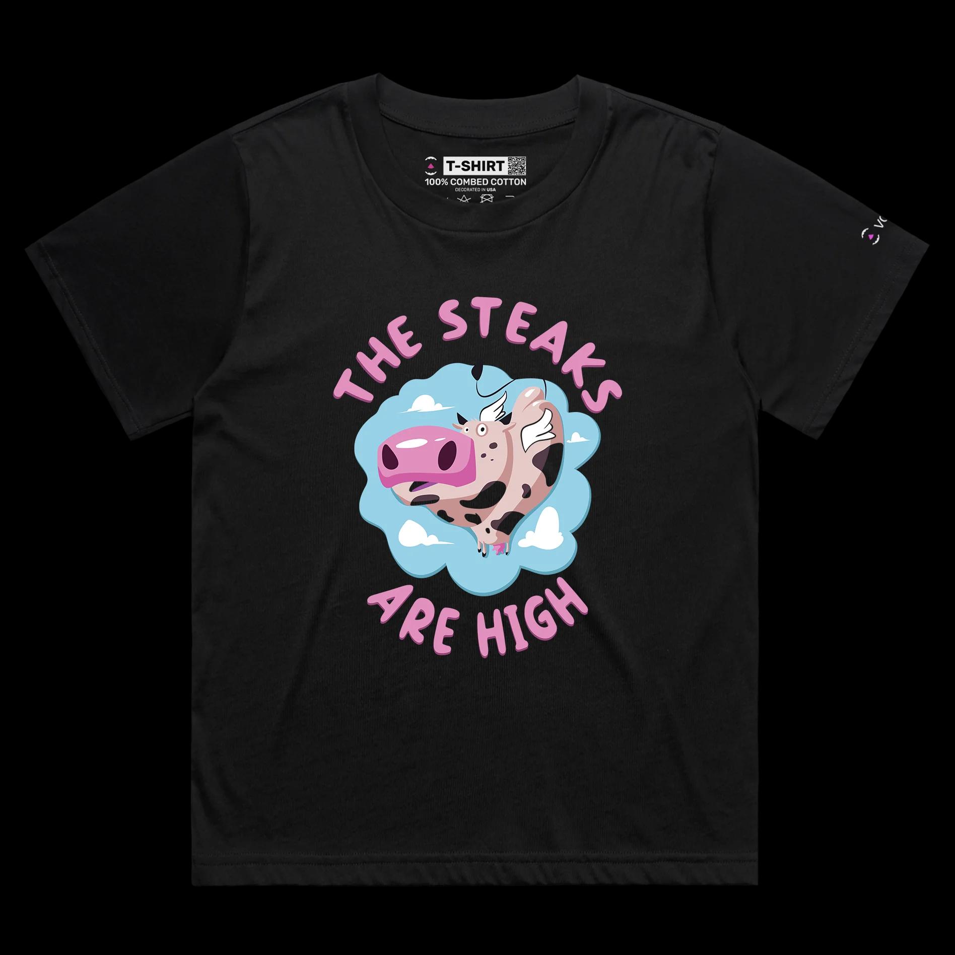 VOICEART Black Female Loose Flying Cow Funny Animals T-Shirt Premium Quality Graphic Food Themed High Steaks Wordplay Tee