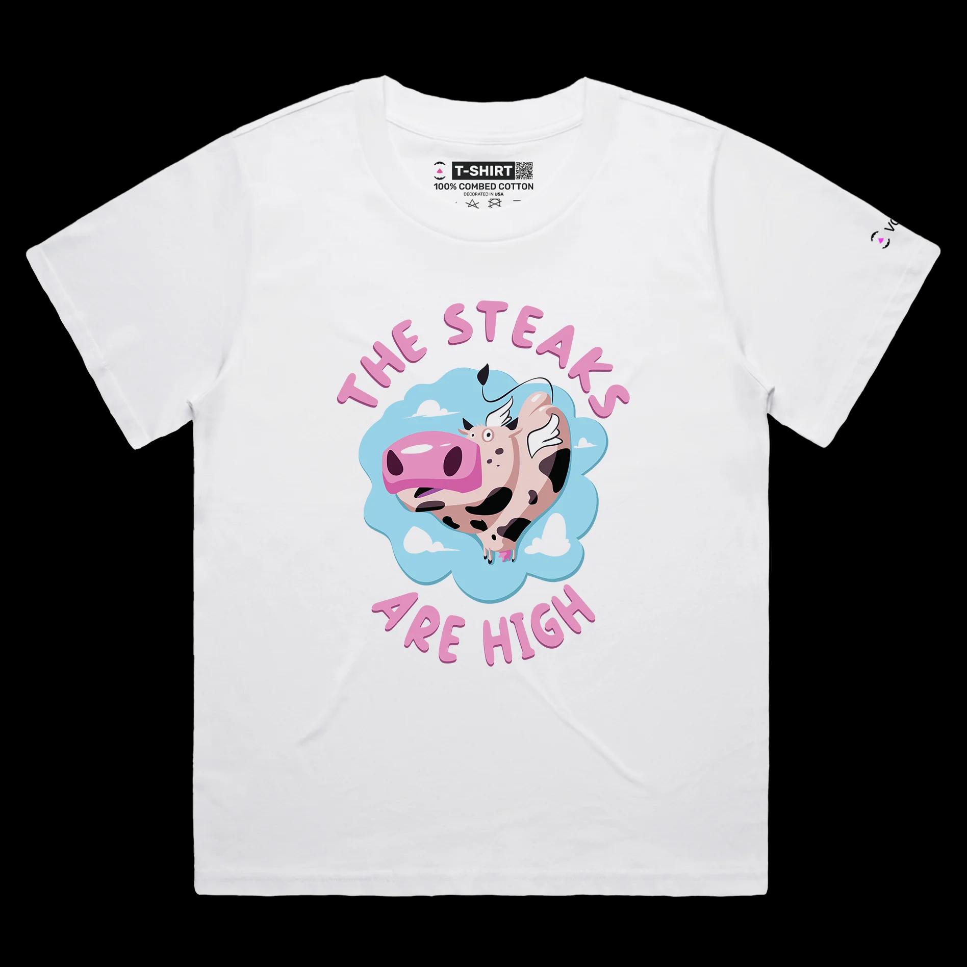 VOICEART White Female Loose Flying Cow Funny Animals T-Shirt Premium Quality Graphic Food Themed High Steaks Wordplay Tee