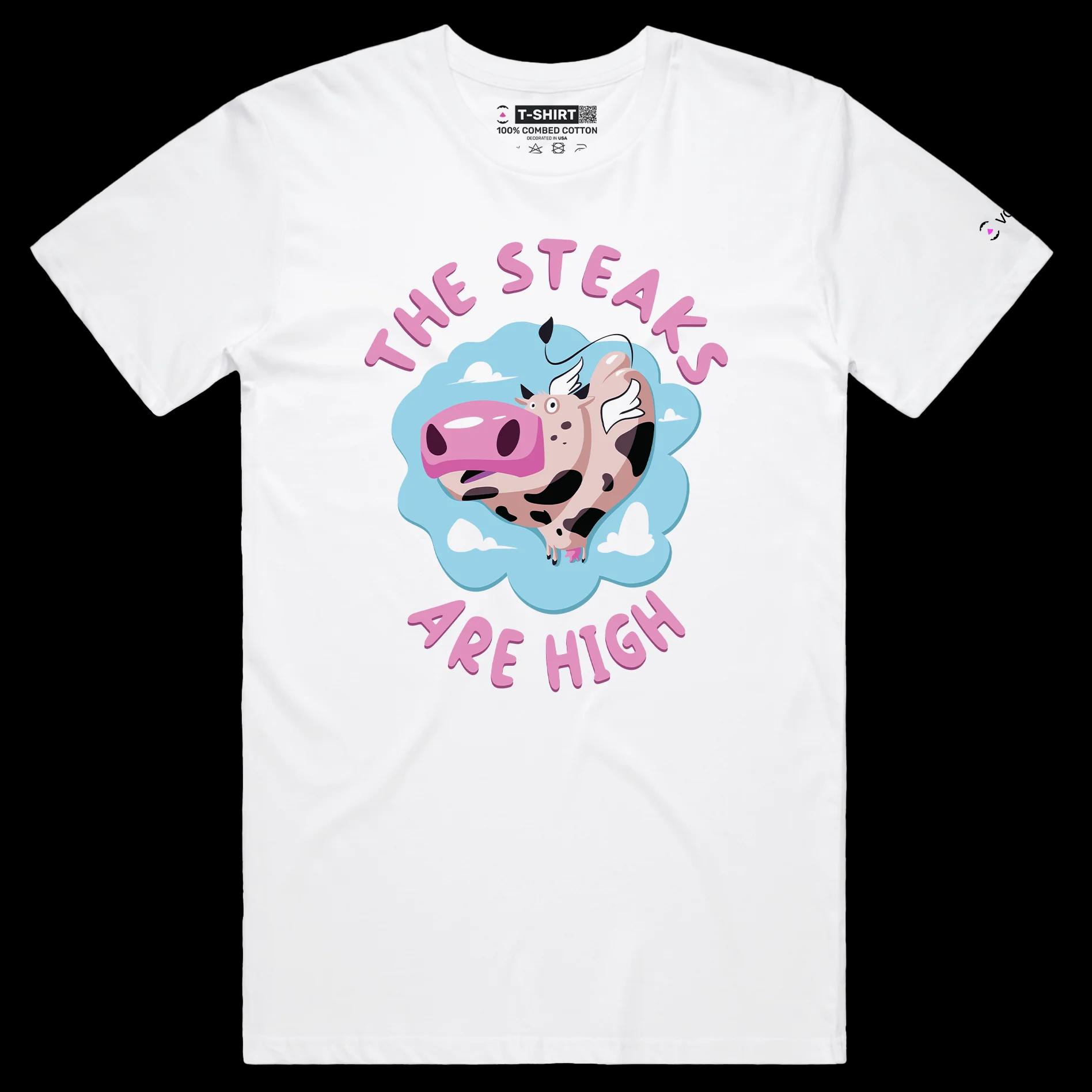 VOICEART White Male Regular Flying Cow Funny Animals T-Shirt Premium Quality Graphic Food Themed High Steaks Wordplay Tee