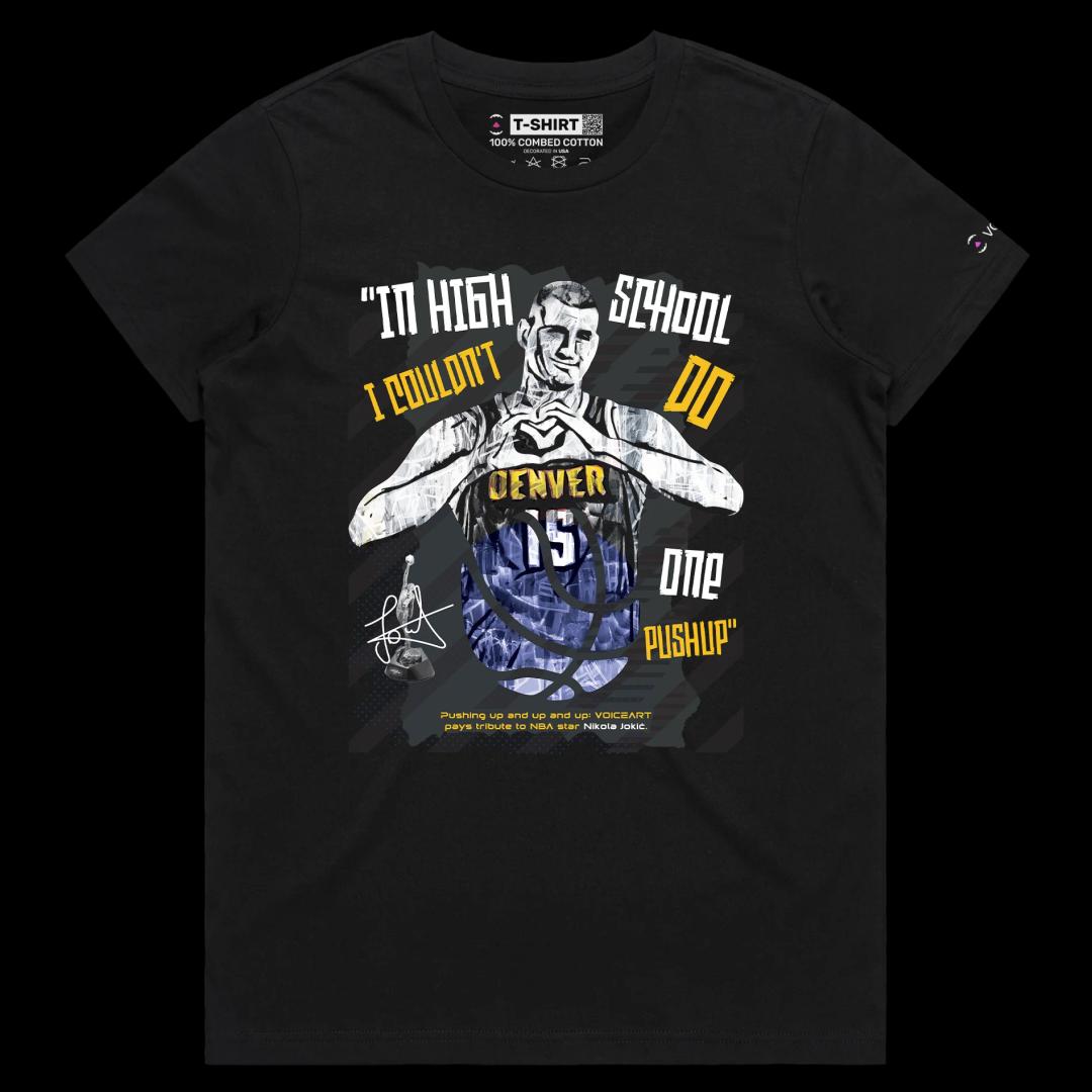 VOICEART Black Female Regular Jokic No Push Ups Funny Sports T-Shirt Premium Graphic 15 Nuggets MVP Tee for Basketball Fans