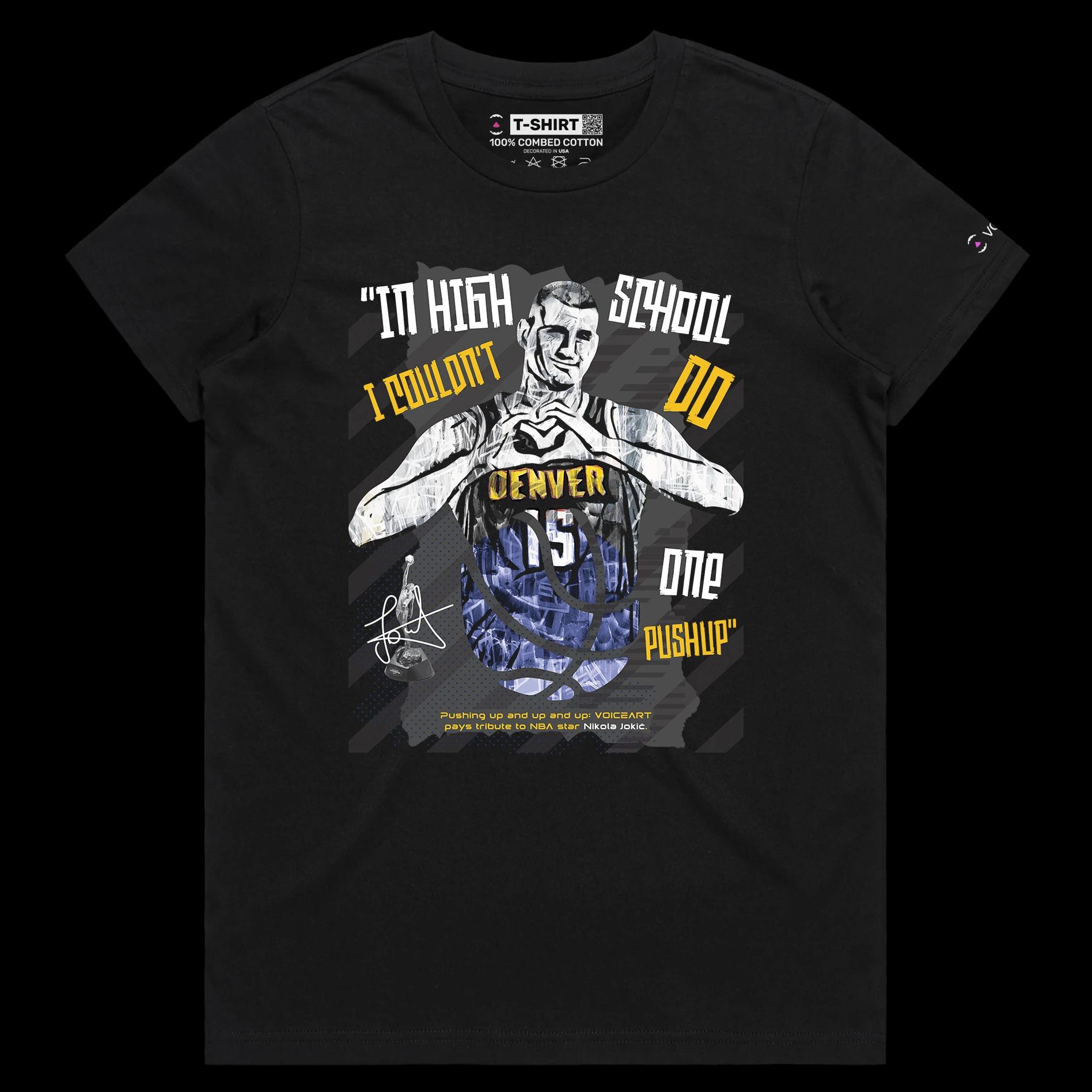 VOICEART Black Female Regular Jokic No Push Ups Funny Sports T-Shirt Premium Graphic 15 Nuggets MVP Tee for Basketball Fans