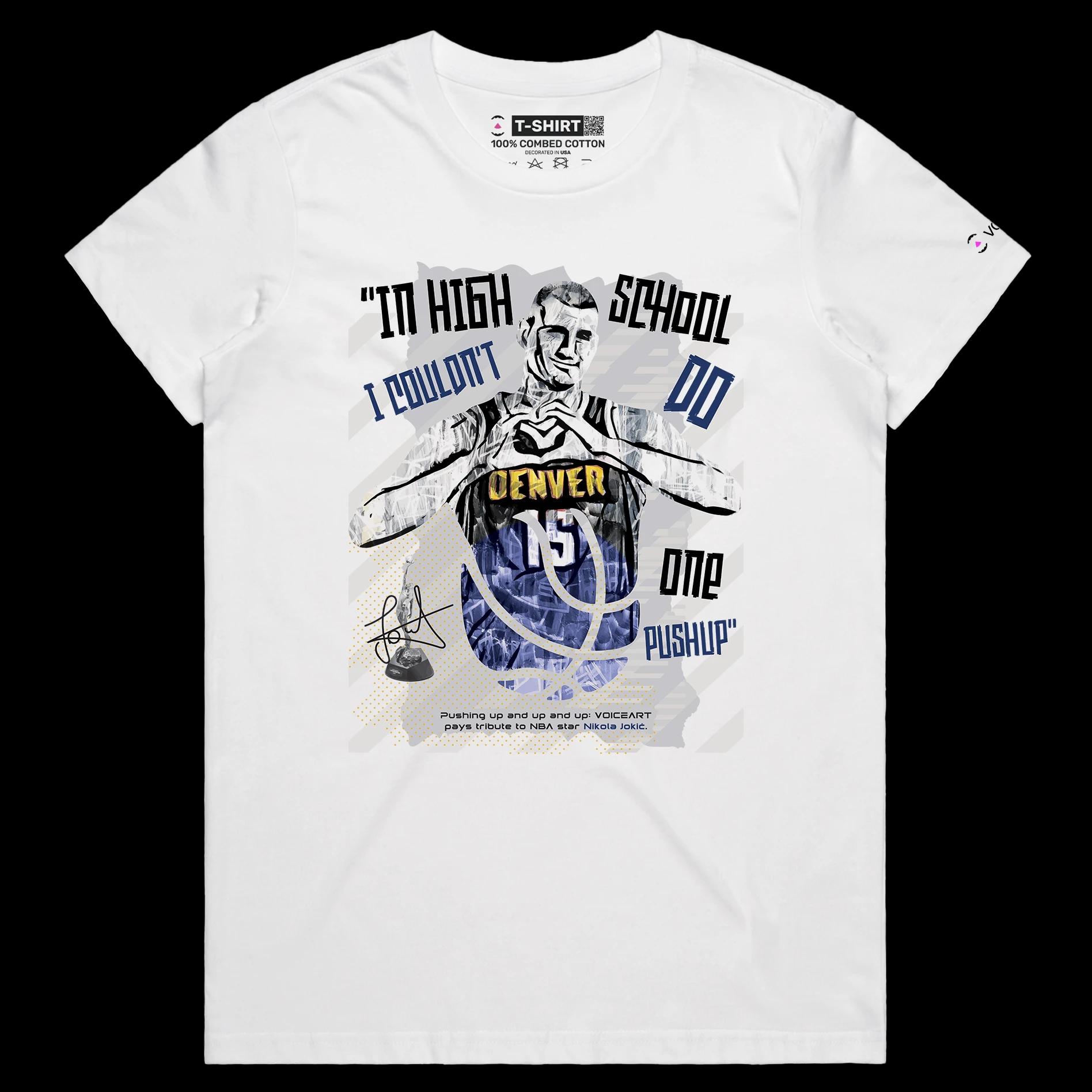 VOICEART White Female Regular Jokic No Push Ups Funny Sports T-Shirt Premium Graphic 15 Nuggets MVP Tee for Basketball Fans