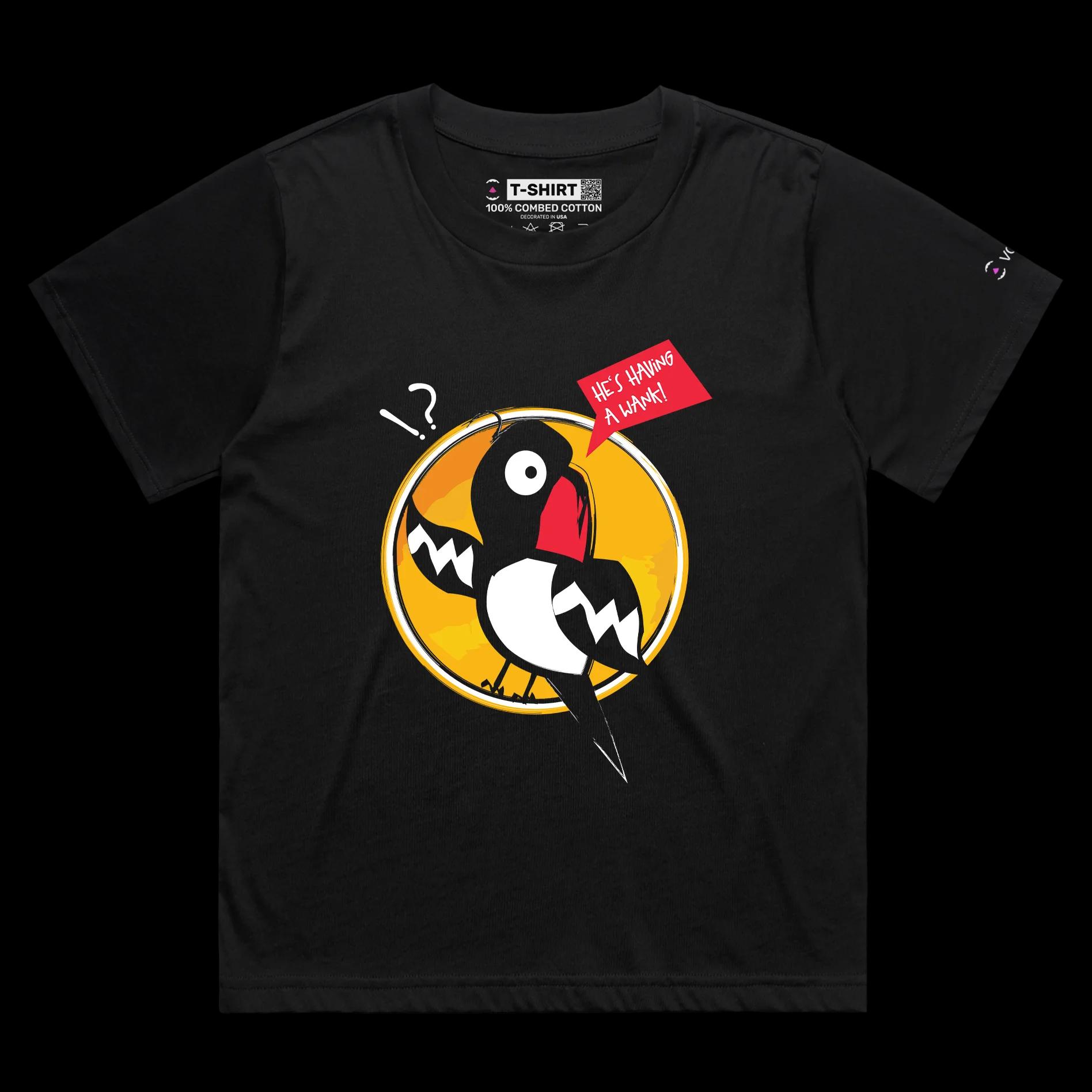 VOICEART Black Female Loose Parrot Looking Over His Shoulder Funny Animals T-Shirt Premium Graphic Self Help Wordplay Tee