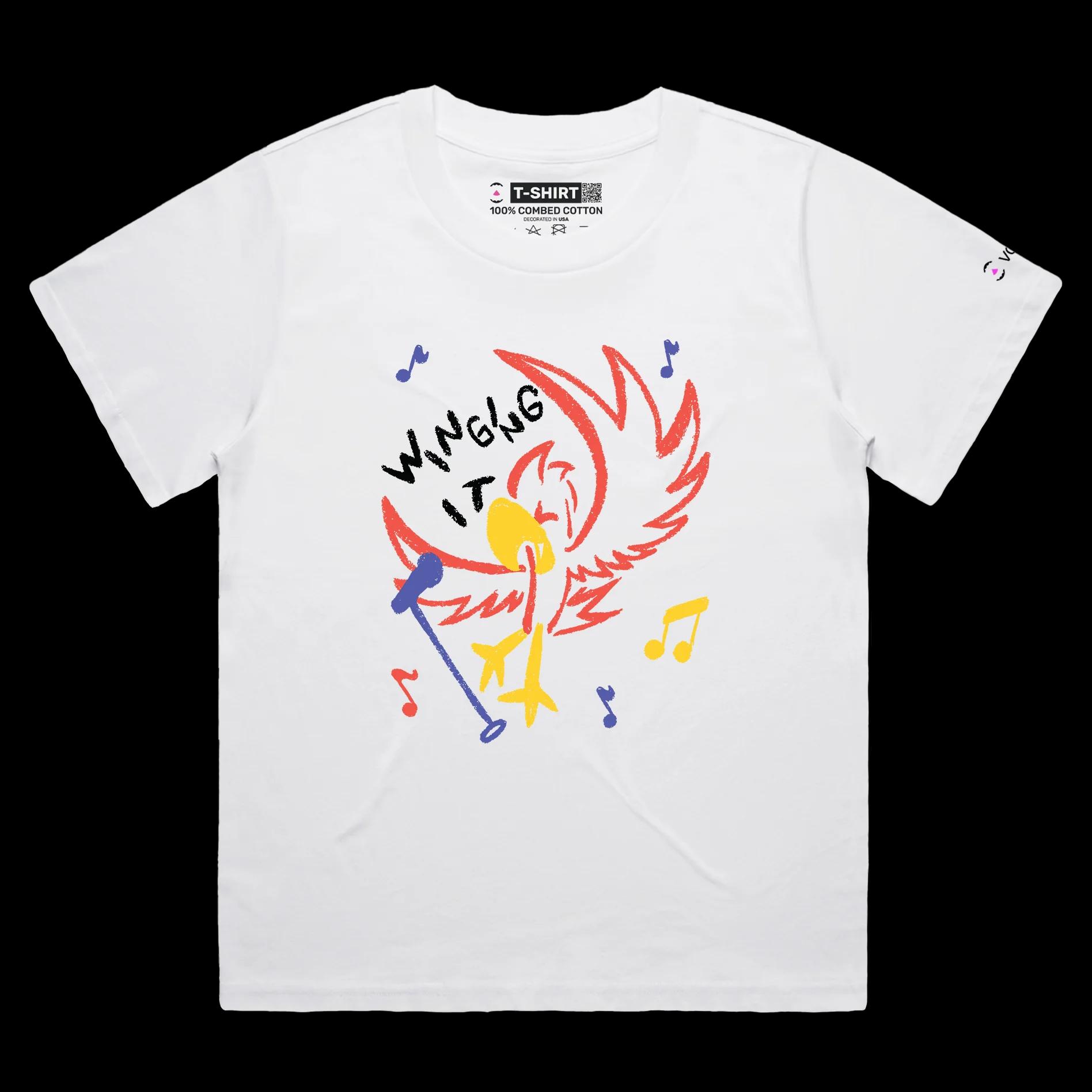 VOICEART White Female Loose Parakeet Winging It Funny Animals T-Shirt Premium Quality Improvisation Tee for Bird Lovers