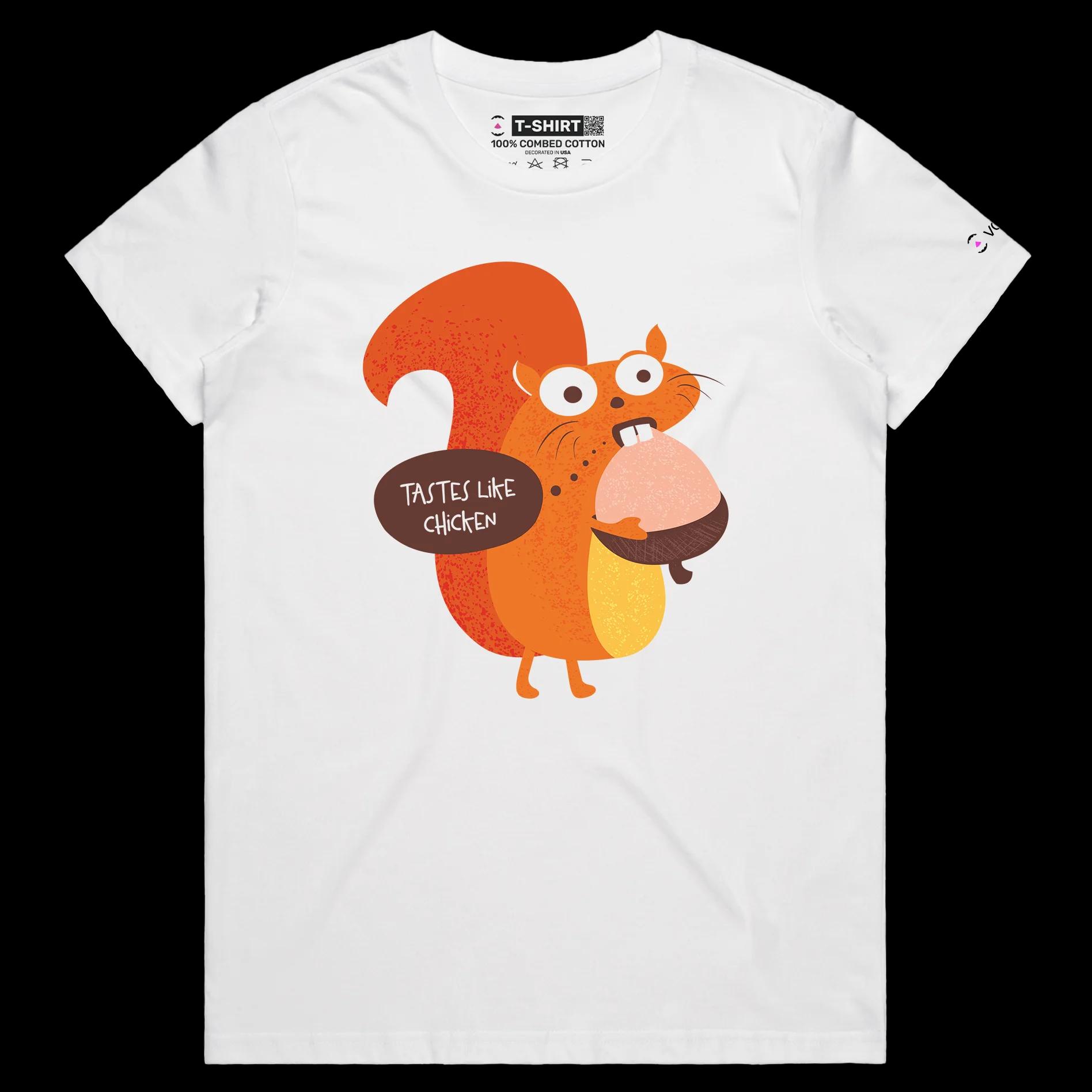 VOICEART White Female Regular Squirrel with a Hazelnut Funny Animals T-Shirt with Premium Quality Tastes Like Chicken Tee