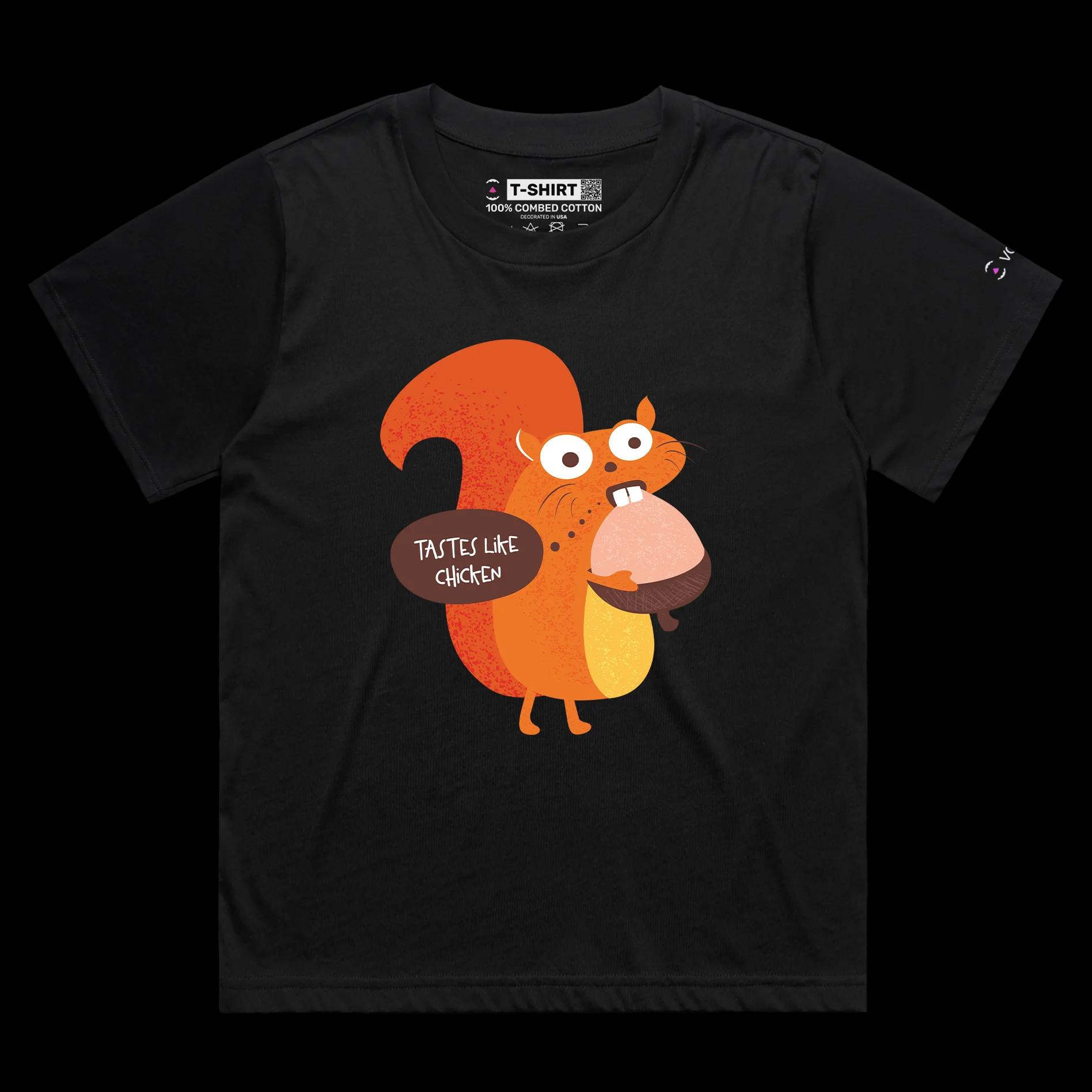 VOICEART Black Female Loose Squirrel with a Hazelnut Funny Animals T-Shirt with Premium Quality Tastes Like Chicken Tee
