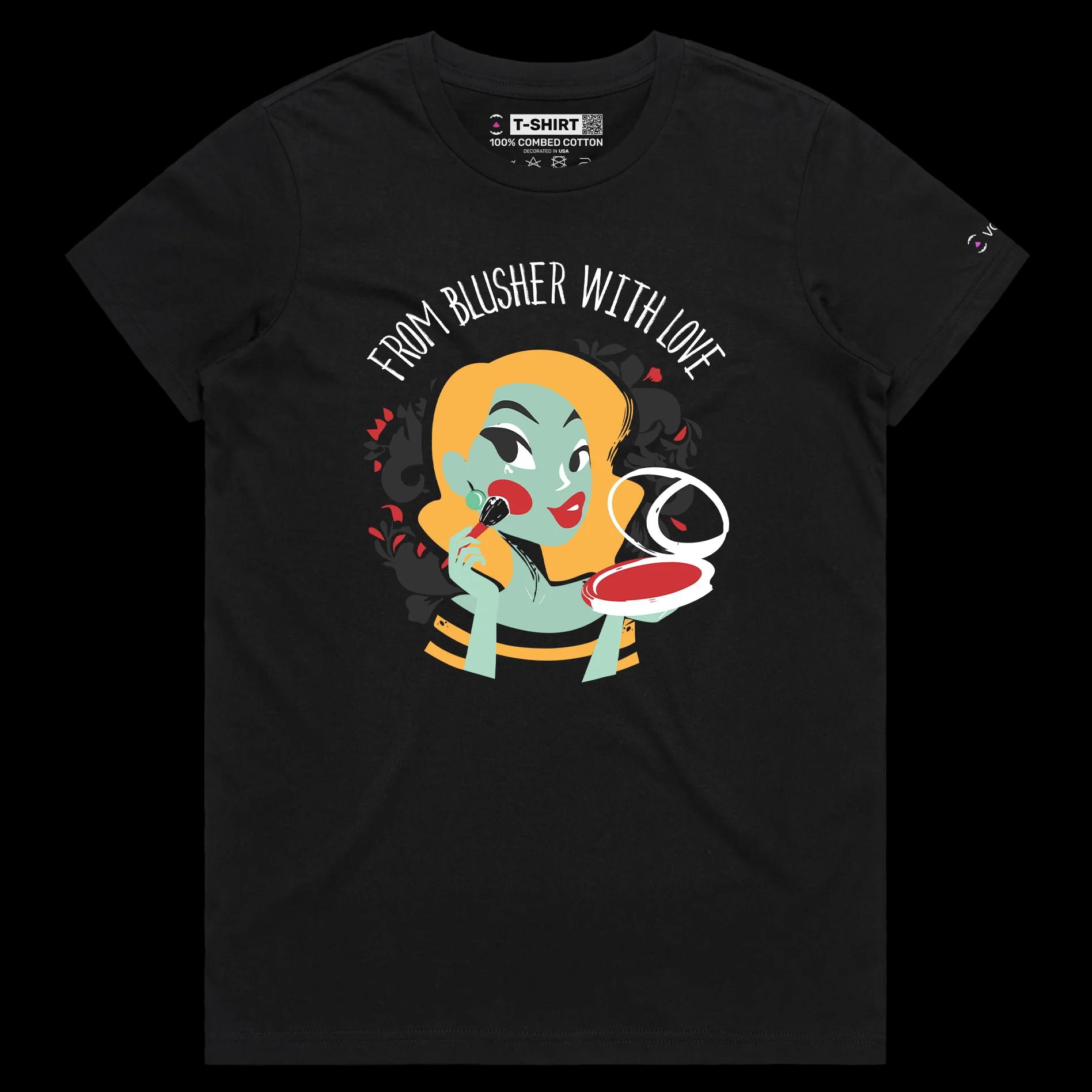 VOICEART Black Female Regular Blusher Makeup Funny T-Shirt Premium Quality Graphic Design Beauty and Lipstick Wordplay Tee