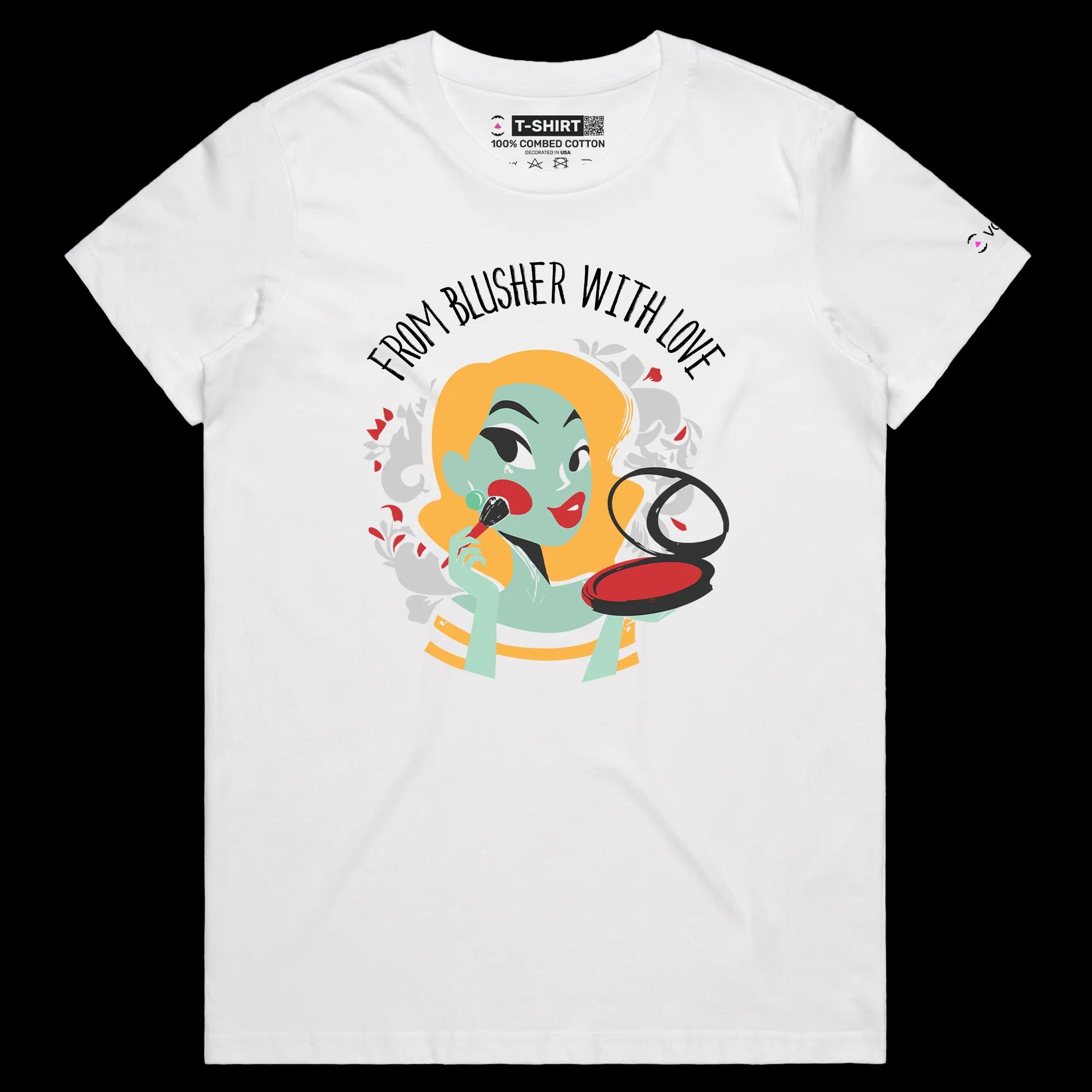 VOICEART White Female Regular Blusher Makeup Funny T-Shirt Premium Quality Graphic Design Beauty and Lipstick Wordplay Tee