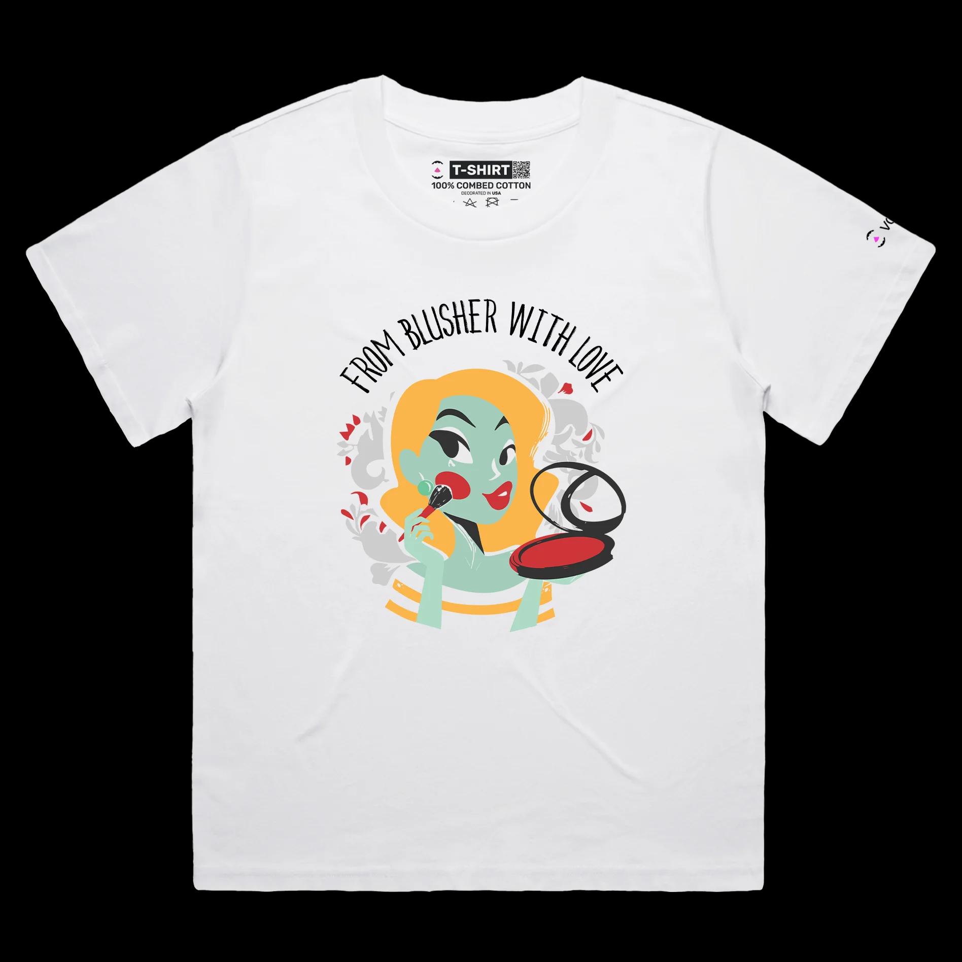 VOICEART White Female Loose Blusher Makeup Funny T-Shirt Premium Quality Graphic Design Beauty and Lipstick Wordplay Tee