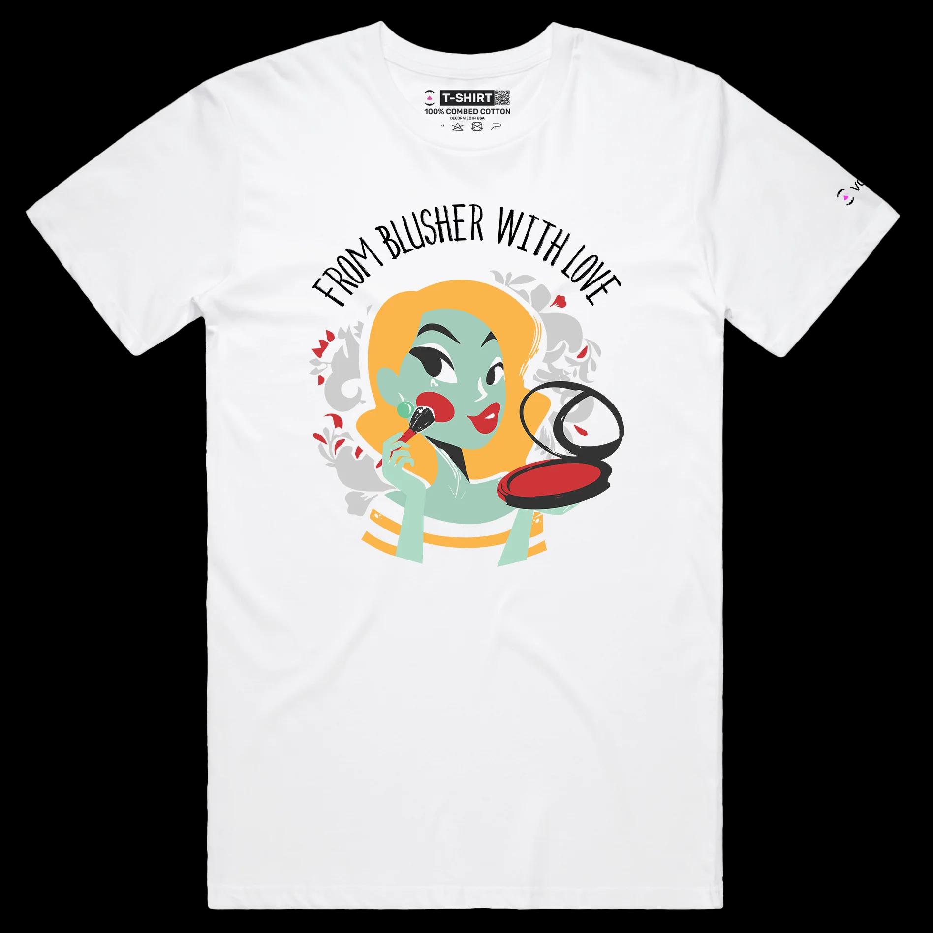 VOICEART White Male Regular Blusher Makeup Funny T-Shirt Premium Quality Graphic Design Beauty and Lipstick Wordplay Tee