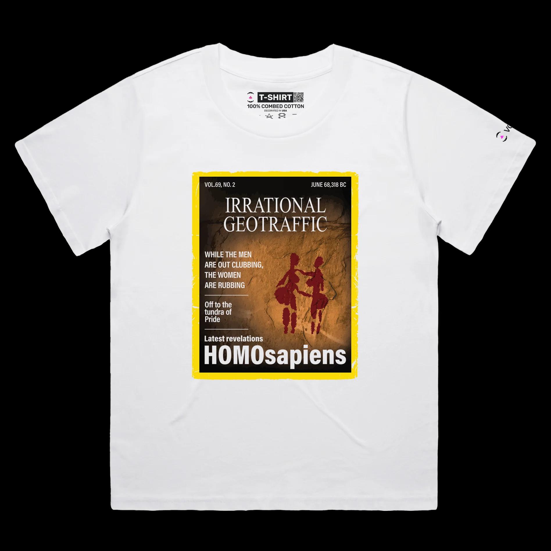 VOICEART White Female Loose Homosapiens Funny Lesbian T-Shirt Premium Quality Graphic LGBTQ Pride in Stone Age Tee