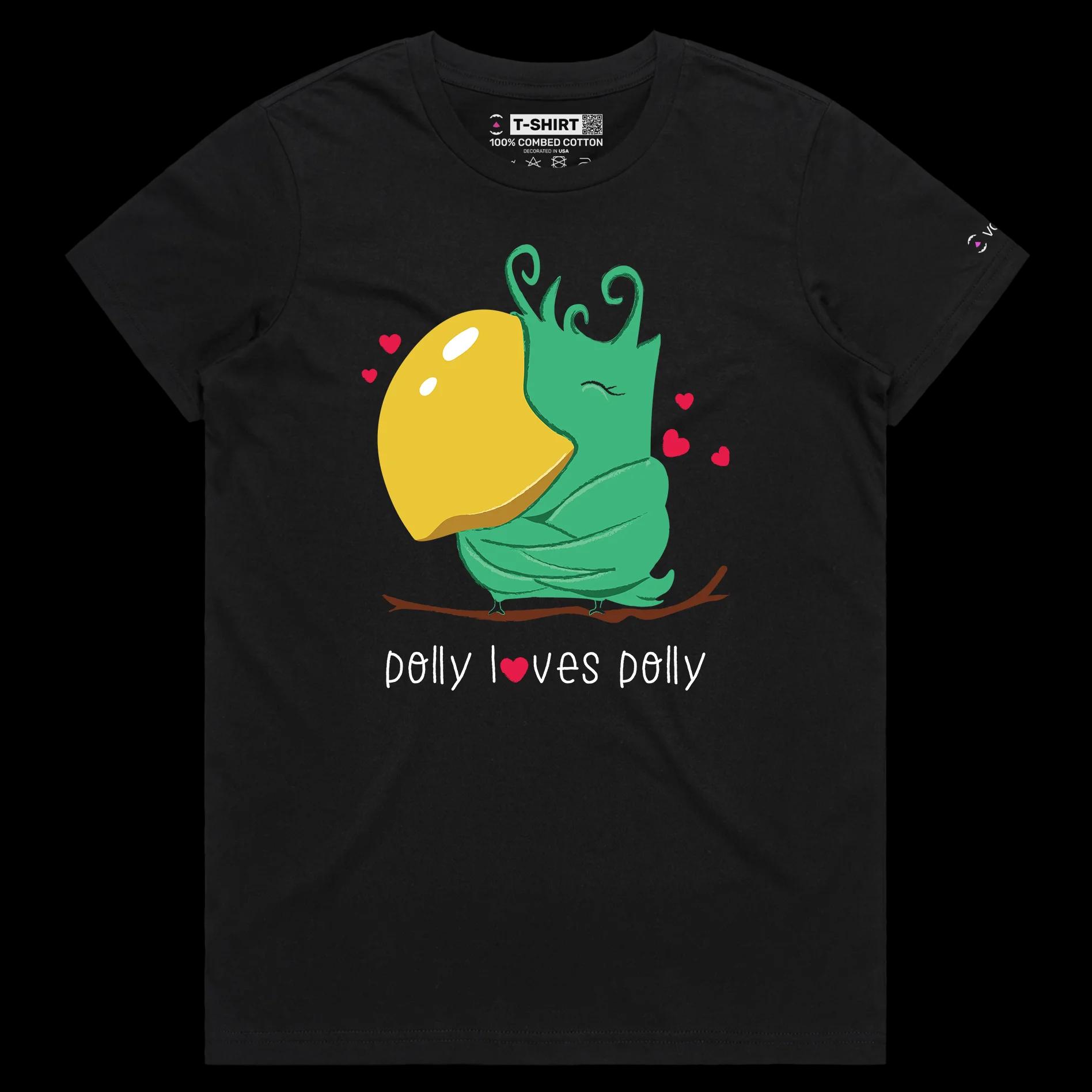VOICEART Black Female Regular Polly Loves Polly Funny Animals T-Shirt Premium Graphic Narcissist Parrot Wordplay Tee