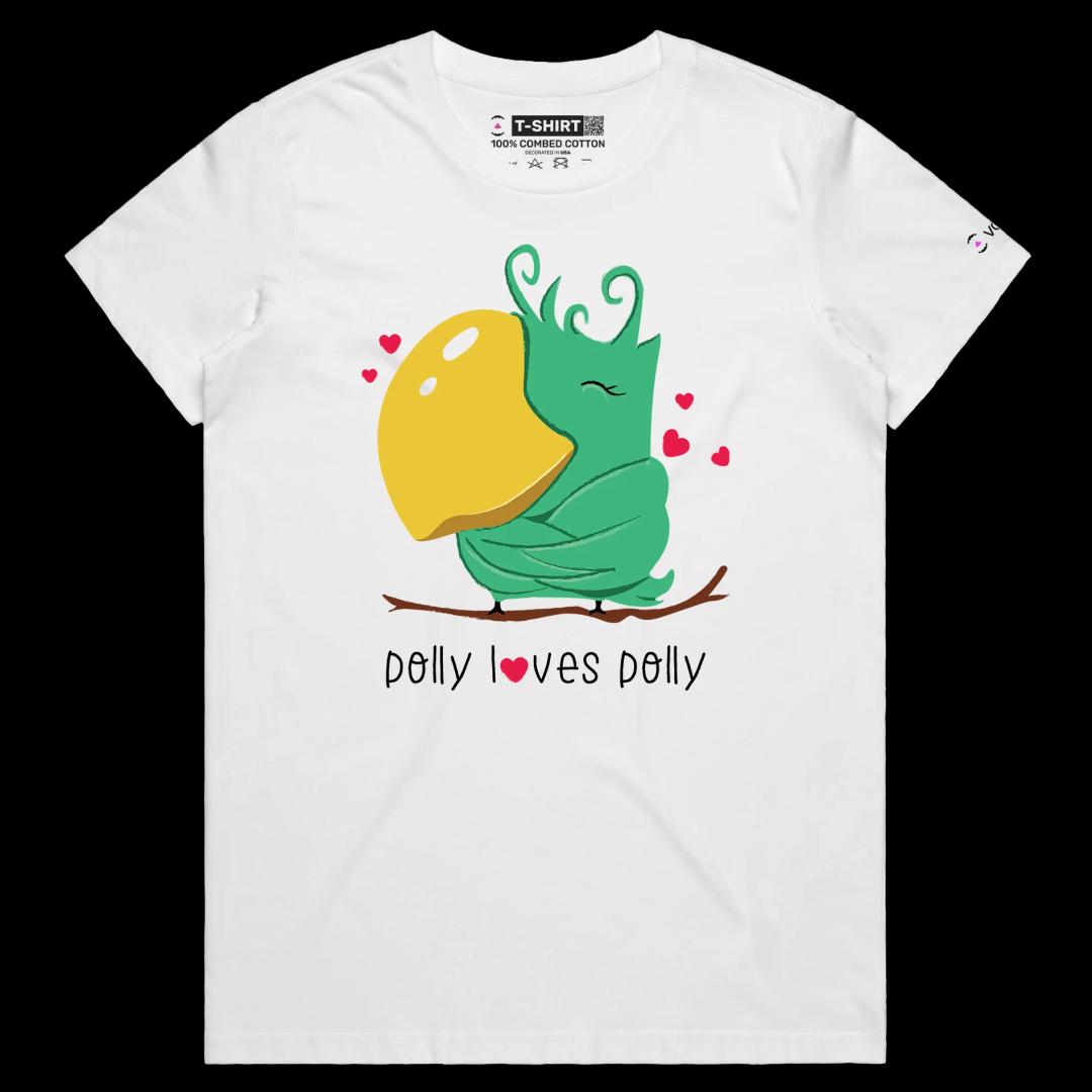 VOICEART White Female Regular Polly Loves Polly Funny Animals T-Shirt Premium Graphic Narcissist Parrot Wordplay Tee
