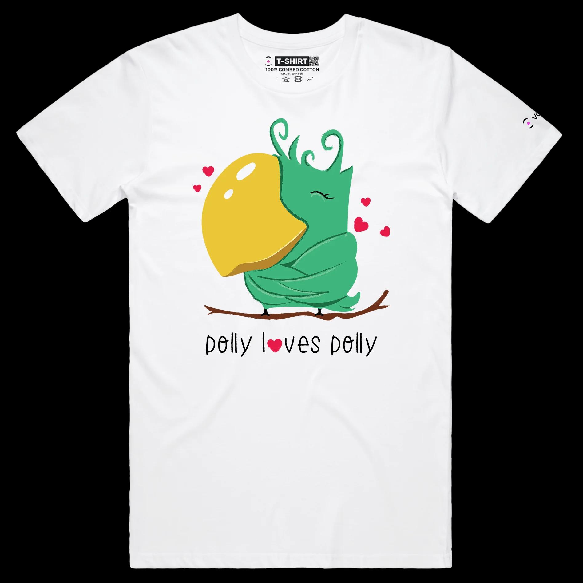 VOICEART White Male Regular Polly Loves Polly Funny Animals T-Shirt Premium Graphic Narcissist Parrot Wordplay Tee