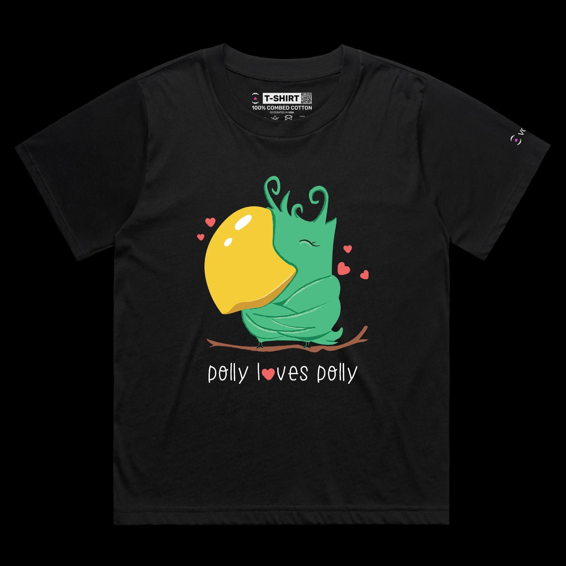 VOICEART Black Female Loose Polly Loves Polly Funny Animals T-Shirt Premium Graphic Narcissist Parrot Wordplay Tee
